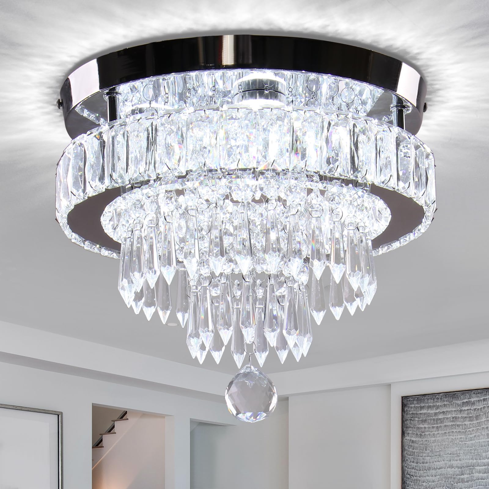Finktonglan Crystal Chandelier, Modern LED Ceiling Light, 11.8in, Cool White, Model CL300-C, Semi Flush Mount for Bedrooms & Living Rooms
