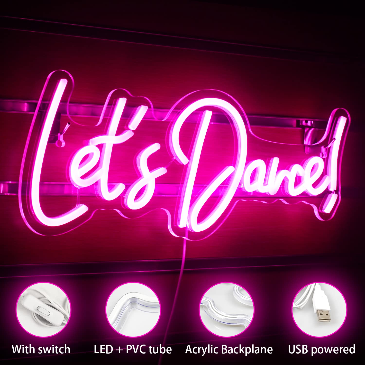 Wanxing Neon Light Sign - Lets Dance, Pink LED Word Light for Parties, Weddings, and Events - Model WX-NS-Pink Lets Dance
