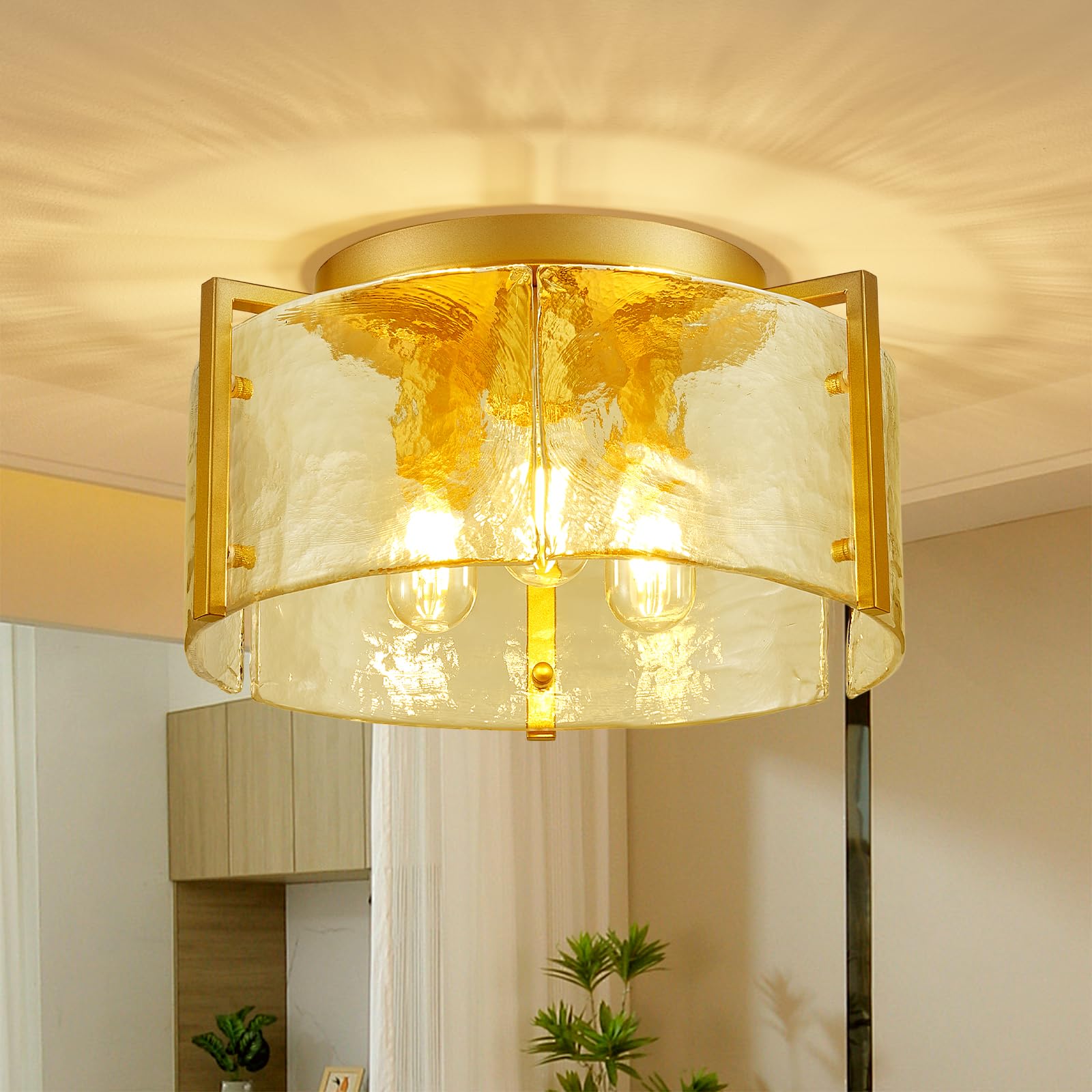 peskoe 14.2 Semi Flush Mount Ceiling Light Fixture Gold 3-Light Small Modern Water Ripple Chandelier Glass Light Fixture for Ent