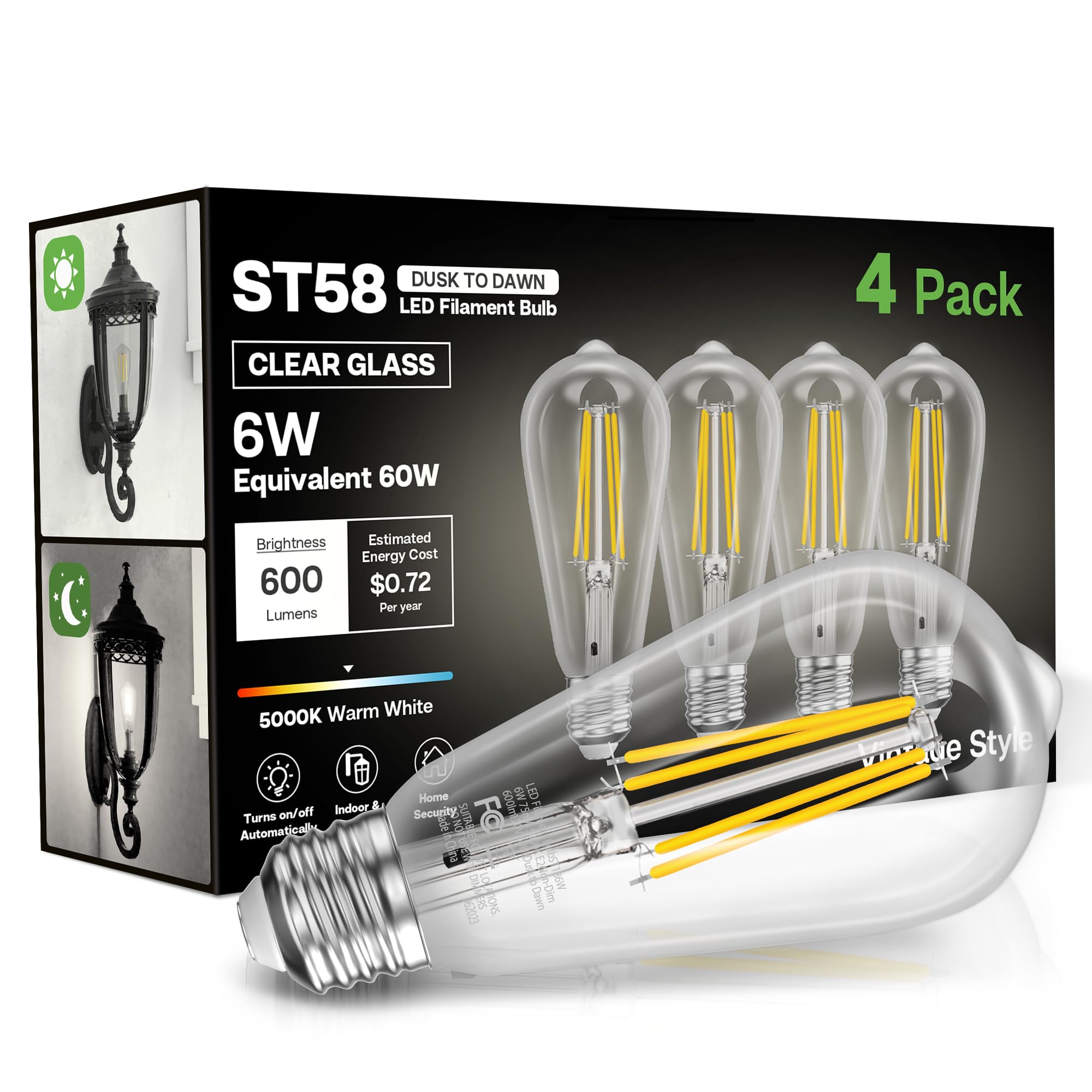 Eastiya Dusk to Dawn Light Bulbs, 6W Equivalent 60W, Cool White 5000K, E26 Base, 600LM, 4 Pack, Vintage Style