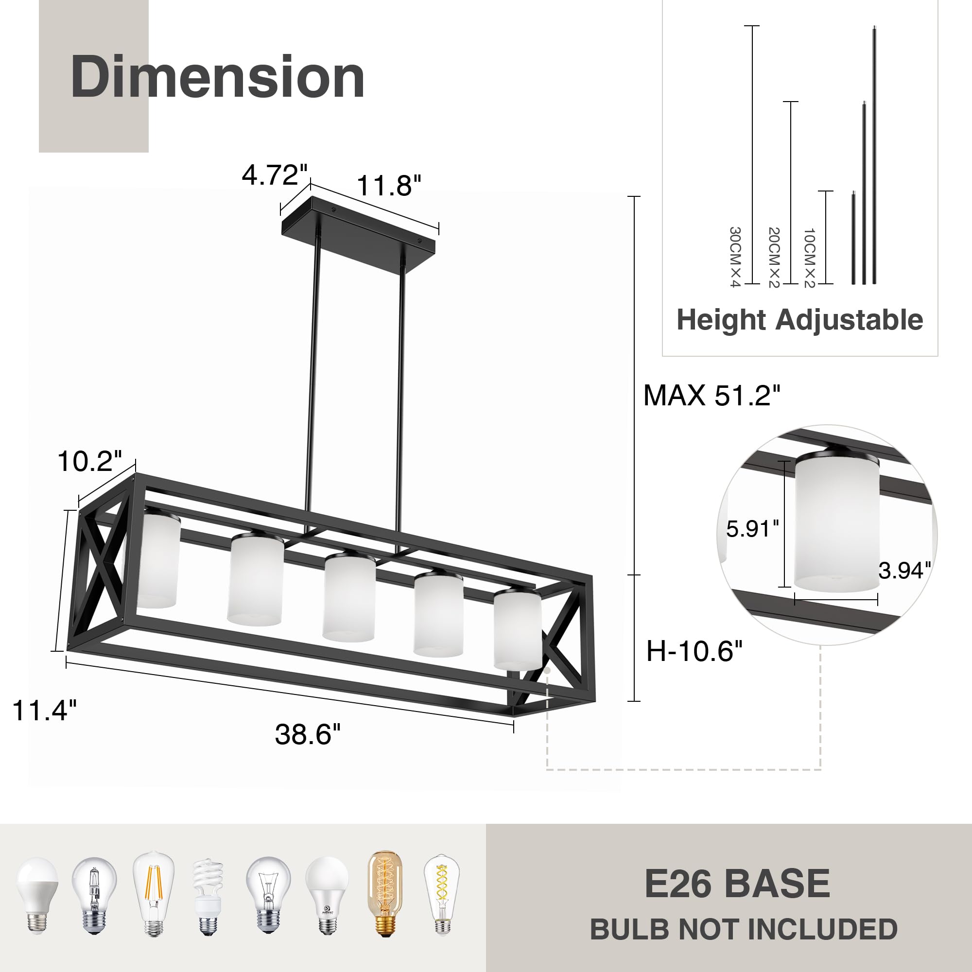 Espird Black White Dining Room Light Fixture - 5 Light Rectangle Light Fixture With Milk Glass Shade & Adjustable Height & Thick