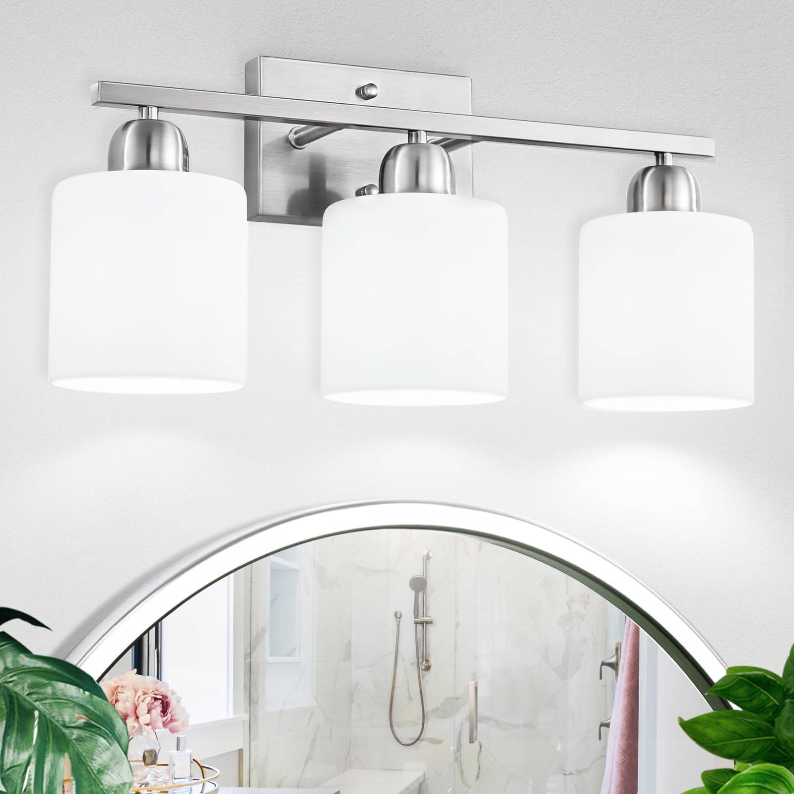 Faishilan 3-Light Brushed Nickel Vanity Light With Frosted Glass For Bathroom & Living Room