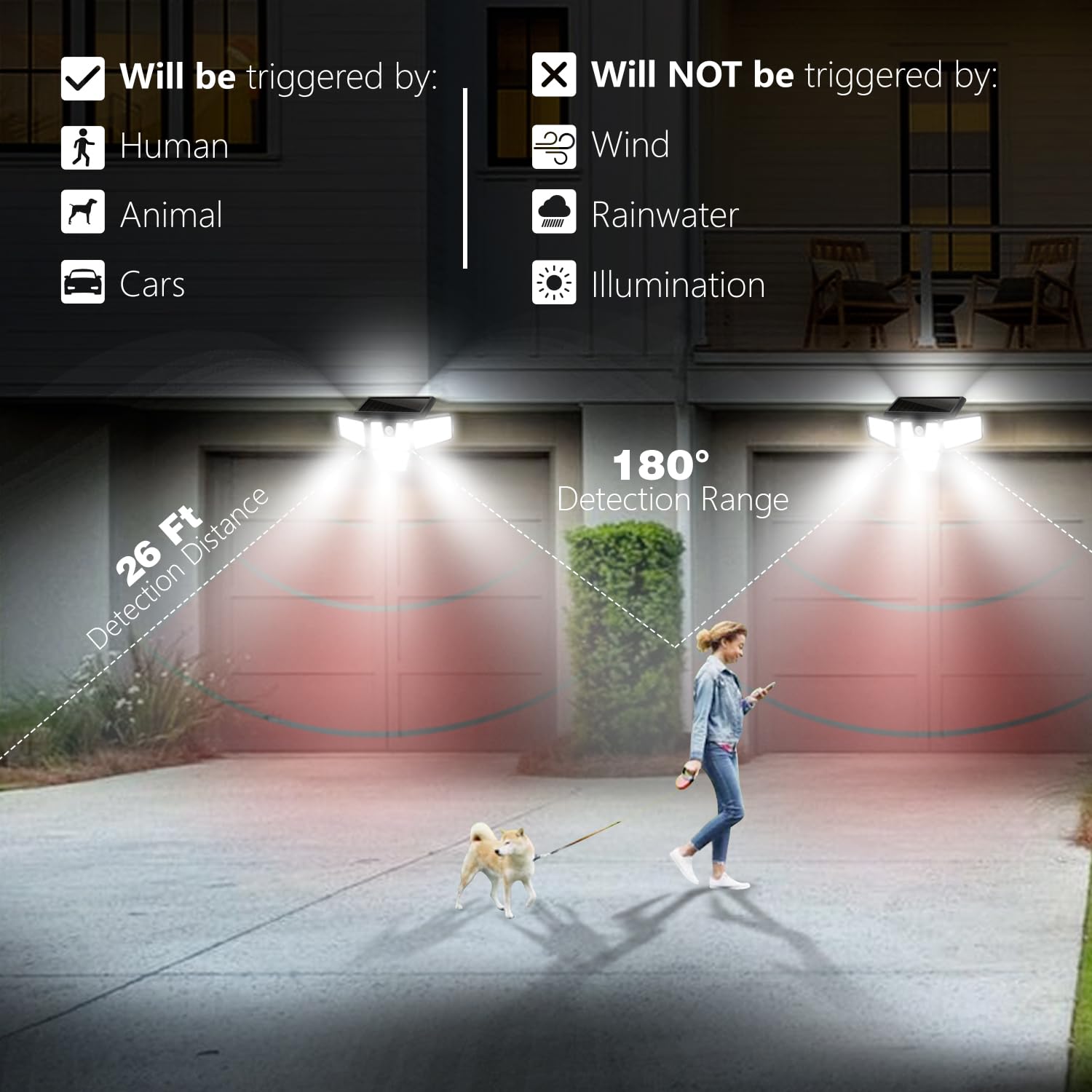 AmeriTop Solar Motion Sensor Lights - 300 LED, 4 Adjustable Heads, 320° Wide Angle, IP65 Waterproof, Daylight, Model SL-25D, 2 Pack