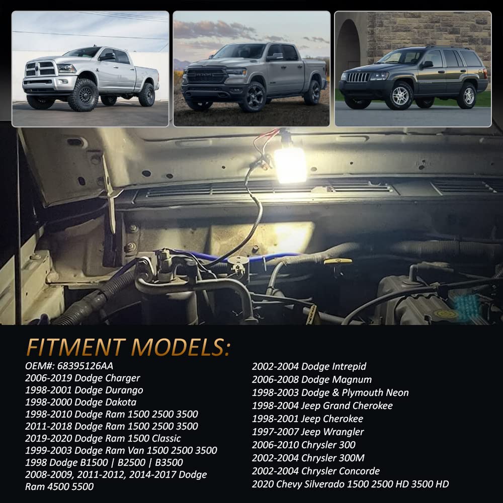 D-Lumina Led Under Hood Light Assembly For Dodge Ram 1500 2500 3500 Dakota Charger Durango, Je-Ep Wrangler Grand Cherokee Chrysler 300 Concorde, 6000K White Under Hood Lamp Kit, Pack Of 1