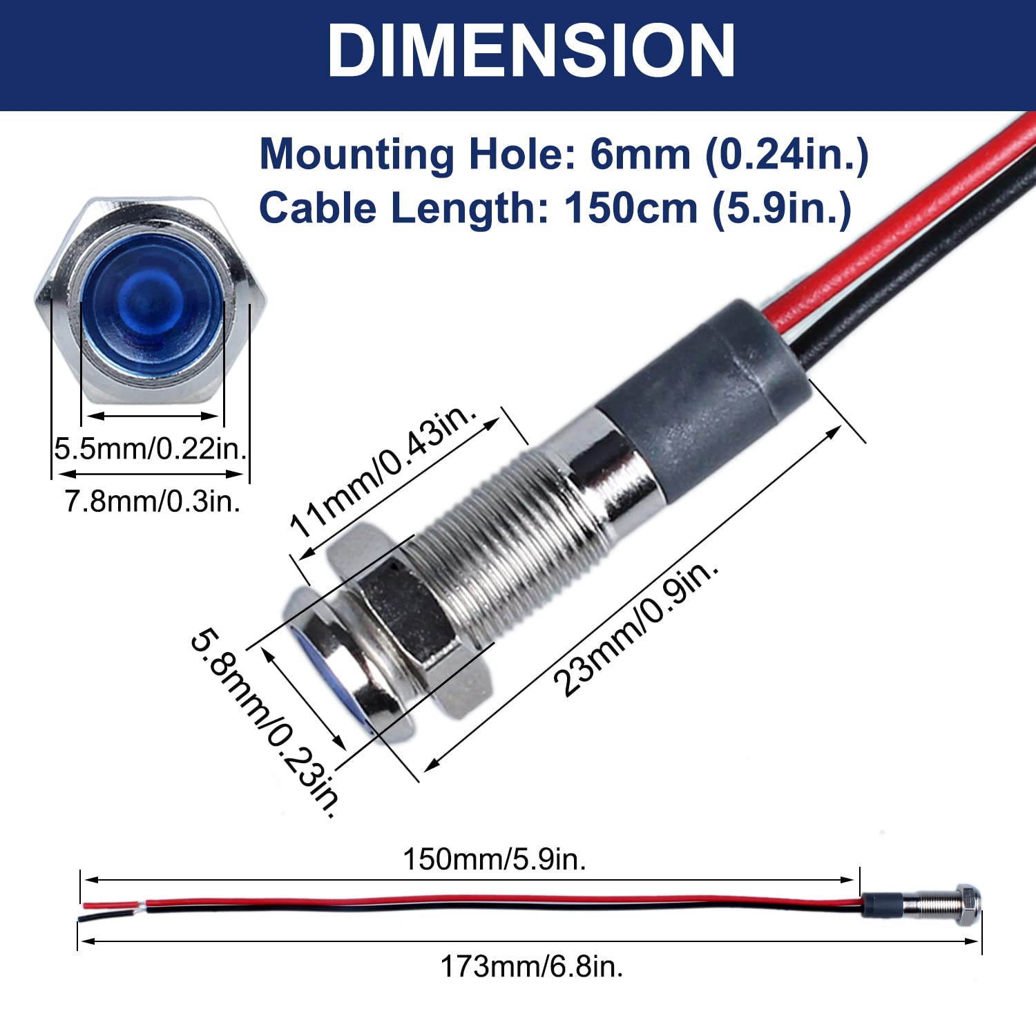 Dmwd 5 Pcs 12V-24V 6Mm Led Indicator Light Mounting Hole 1/4" 20Ma Energy Saving Metal Signal Lamp Waterproof Ip67 With 15Cm/5.9In. Wire For Car Truck Boat (Red Led)