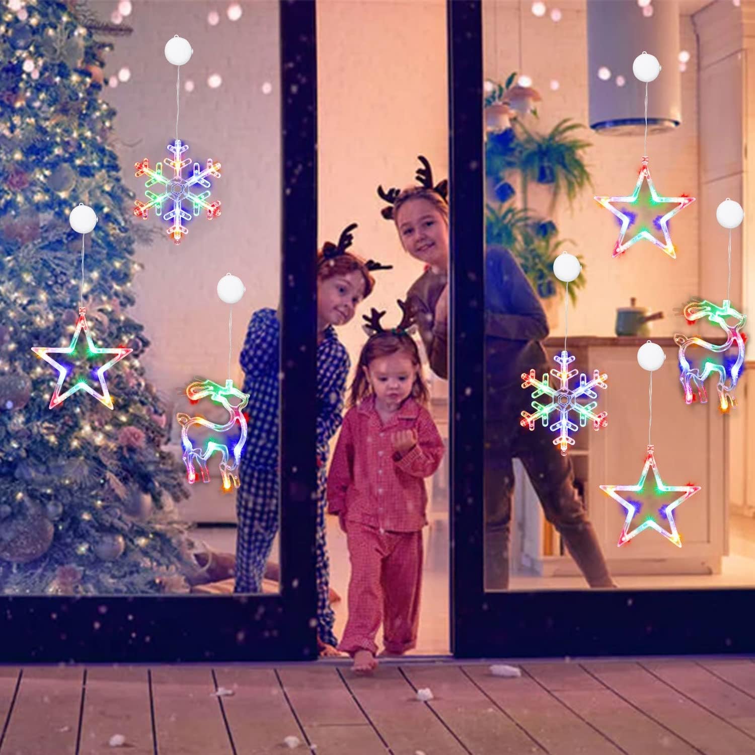 Muyun Christmas Decorations 3Pcs Christmas Window Lights Star&Deer&Snowflake Battery Operated Indoor String Lights With Suction Cup For Christmas Window Decorations Fireplace New Year