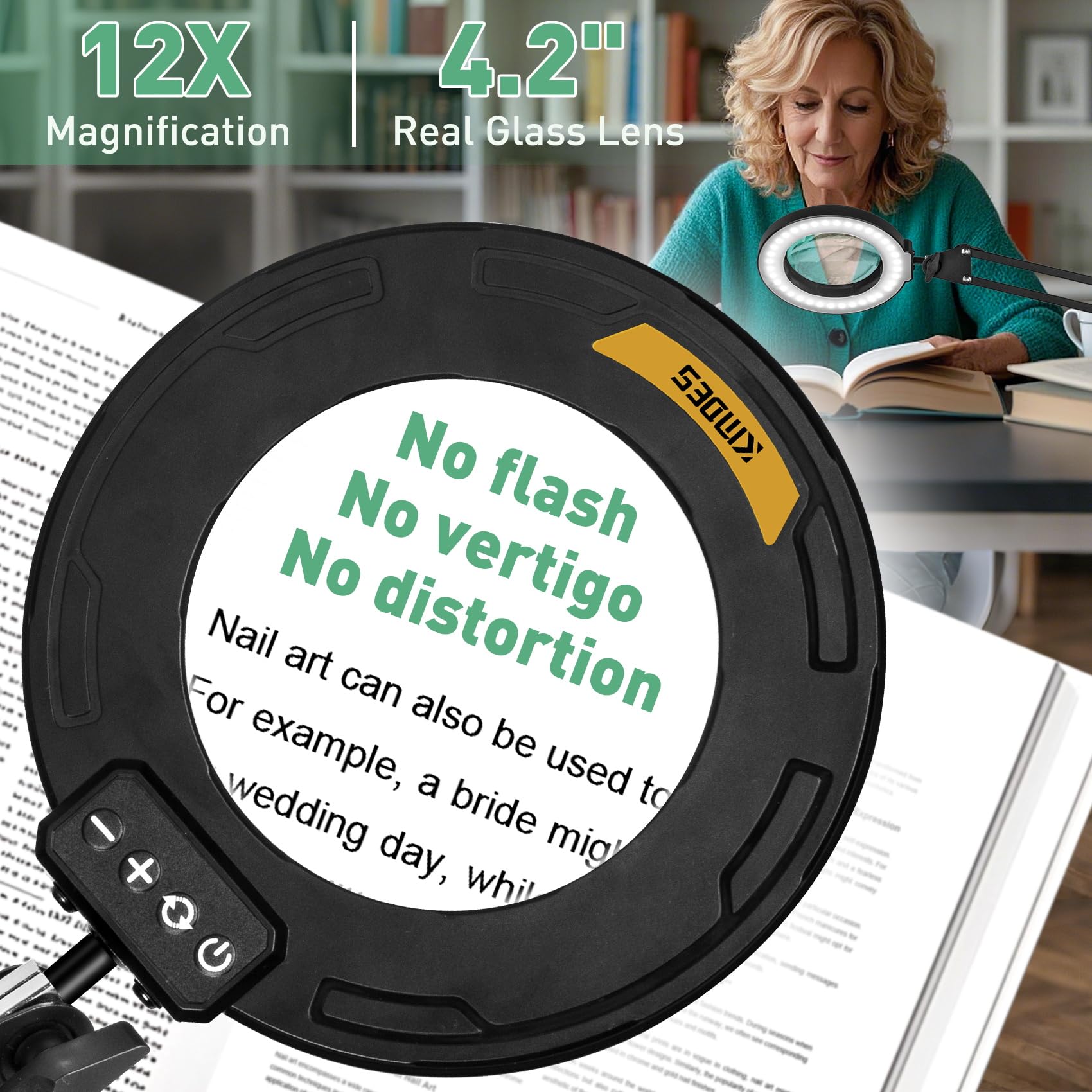 Kmdes 12X Long Arm Magnifying Glass With Light, 5 Color And Brightness Led Desk Lamp With Large Clamp, Hands Free Magnifier Ligh