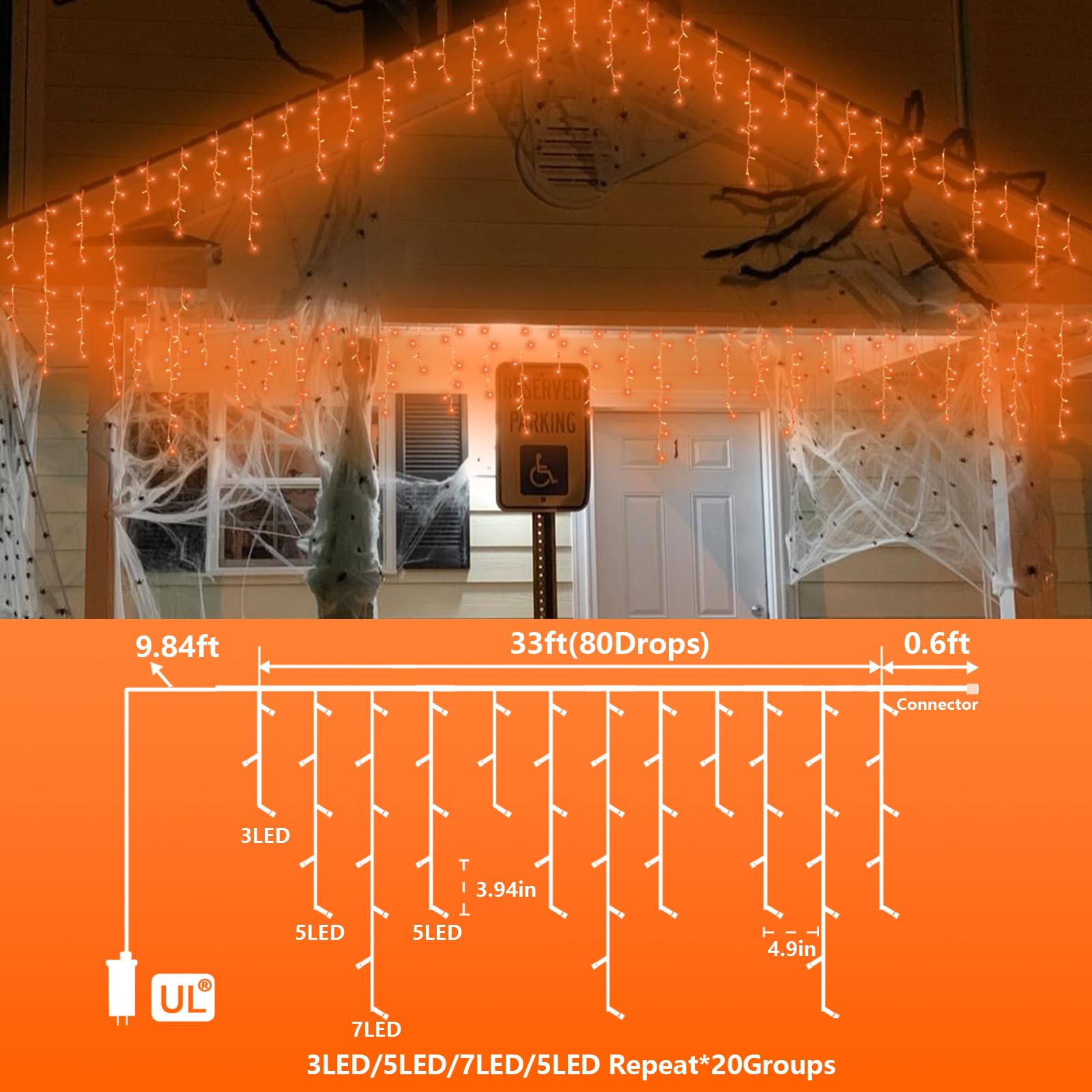 YEGUO 33ft 400 LED Icicle Halloween Lights, Waterproof Indoor/Outdoor, Orange, Model JT-EL/FC300V0200-C