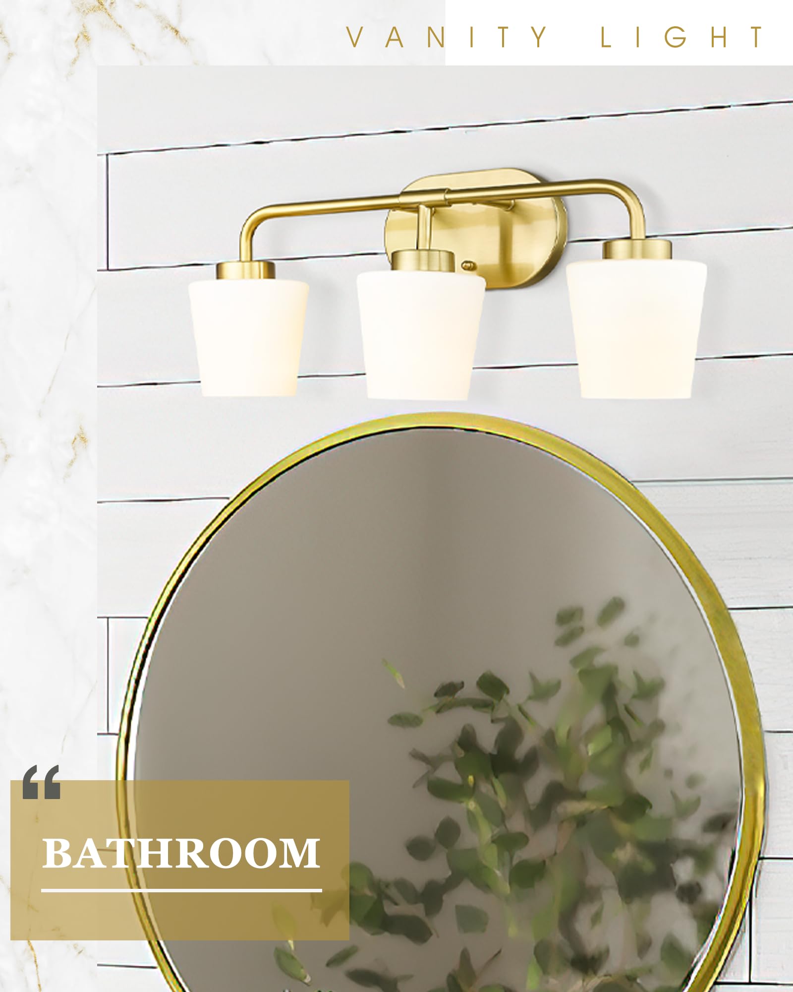 Audickic 3-Light Brushed Gold Bathroom Vanity Light with Milk White Glass Sconces, Farmhouse Style, AD-22004-3W-GD