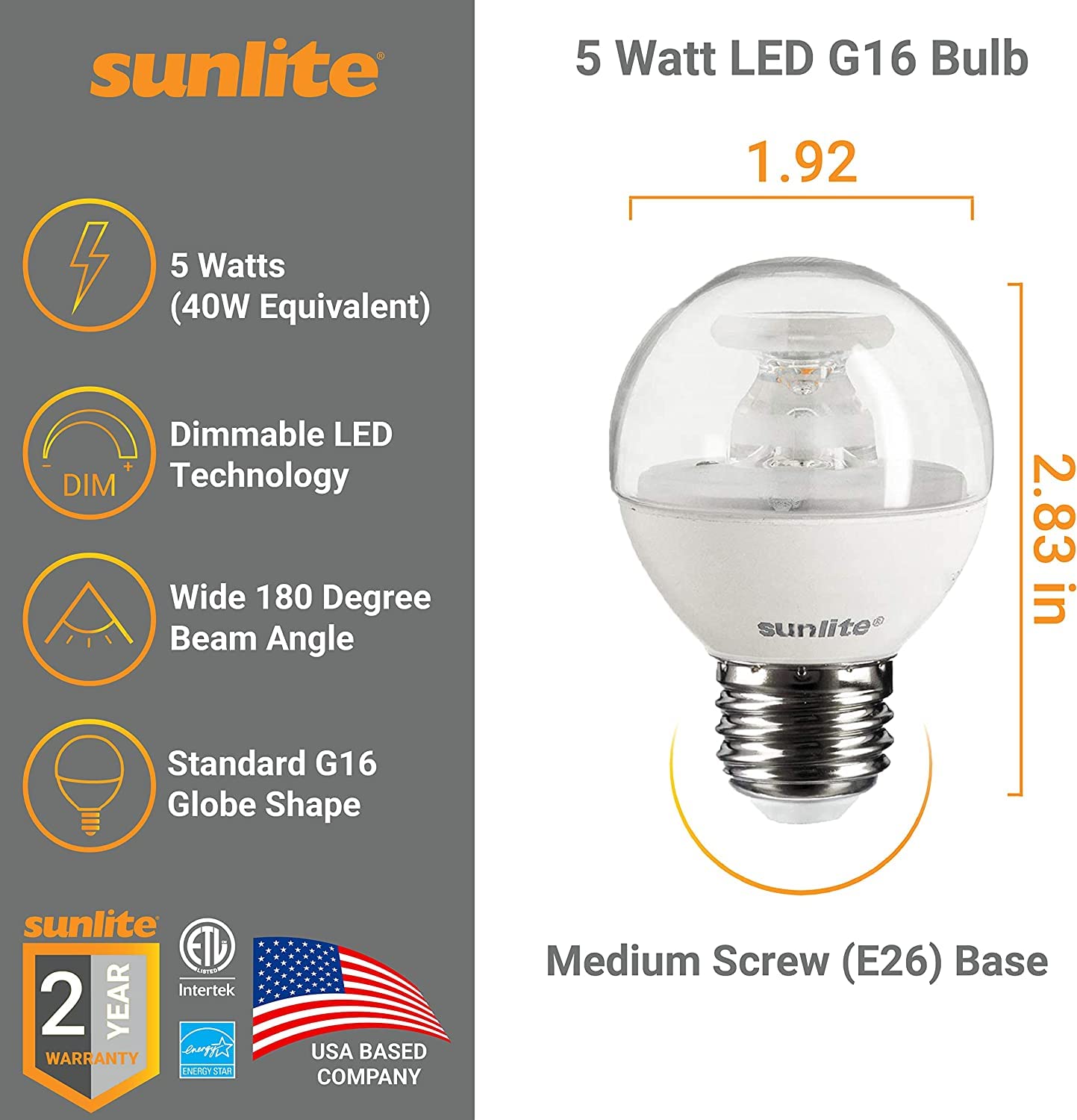 Sunlite G16 LED Light Bulb 5W Dimmable Energy Star 2700K Clear 3 Pack