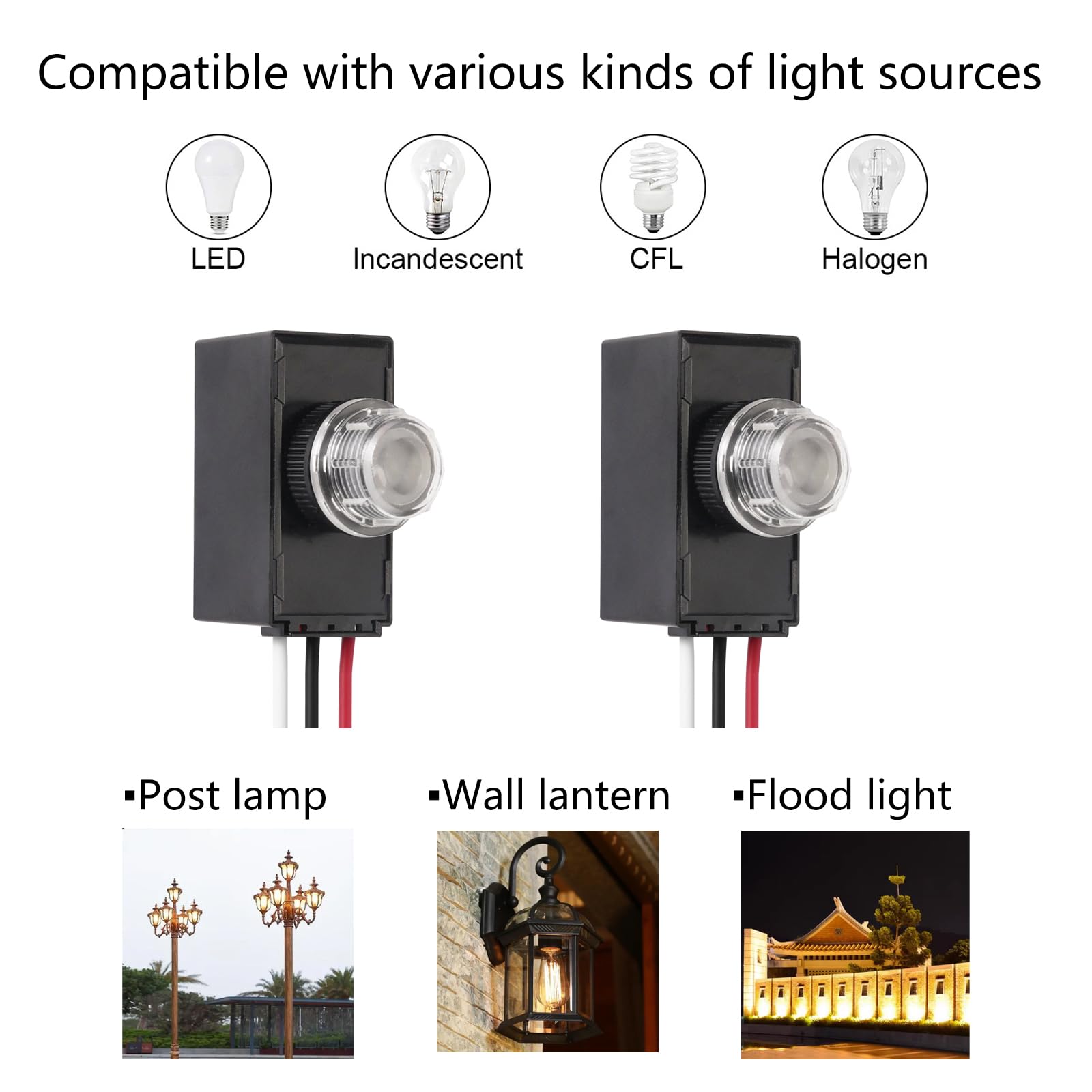 Dusk To Dawn Sensor 2 Packs, Photocell Light Sensor For Outdoor Lighting, 120-277V Photoelectric Switch Replacement With Wire Caps, Hard-Wired Post Eye Light Control Sensor For Post Lamp, Flood Light