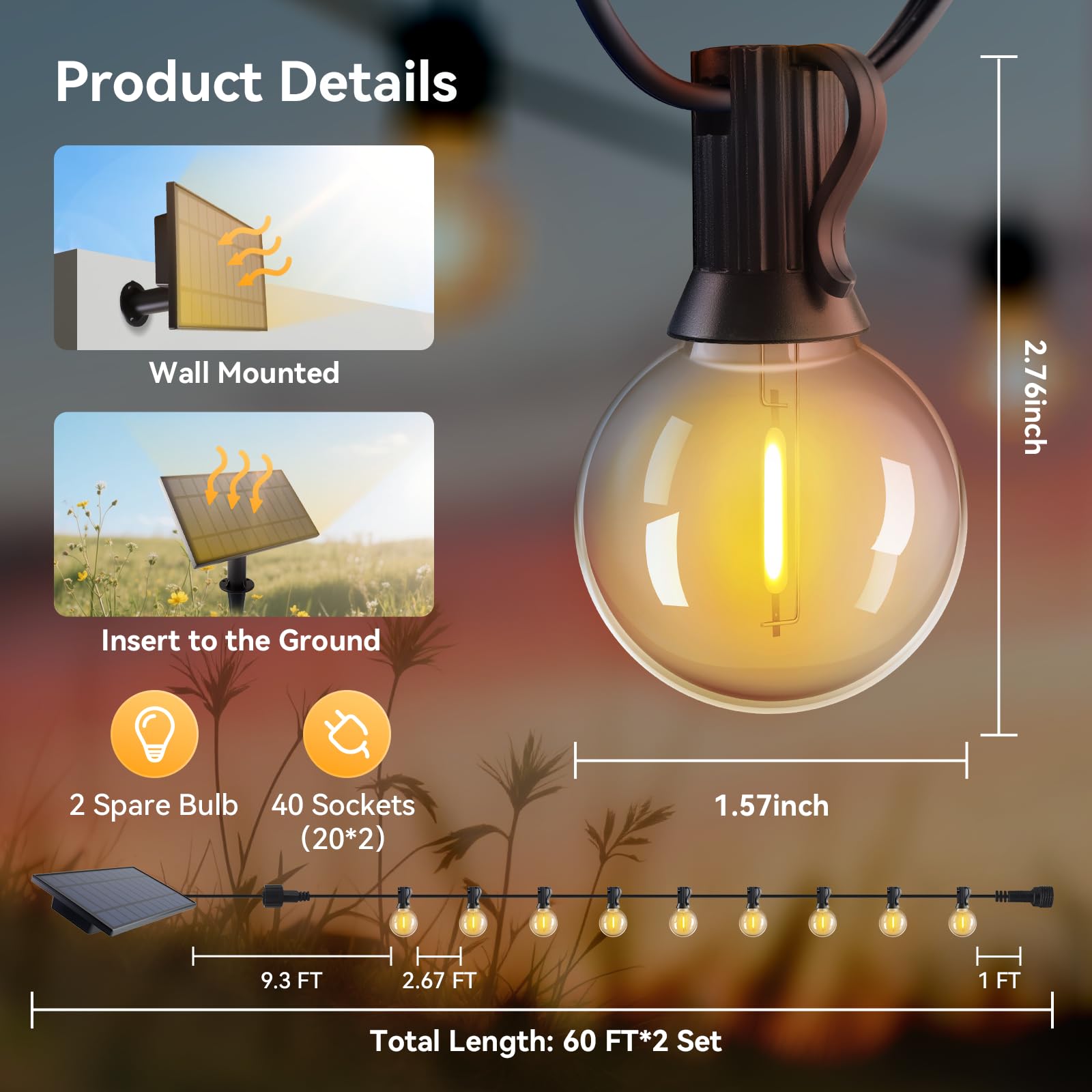 Hjq 120Ft(60X2) Solar String Lights Waterproof  Patio Lights Solar Powered With Remote & Usb Port  40+2 Led Shatterproof Bulbs  3 Modes  Dimmable Solar Lighting Hanging For Camping Backyard Garden