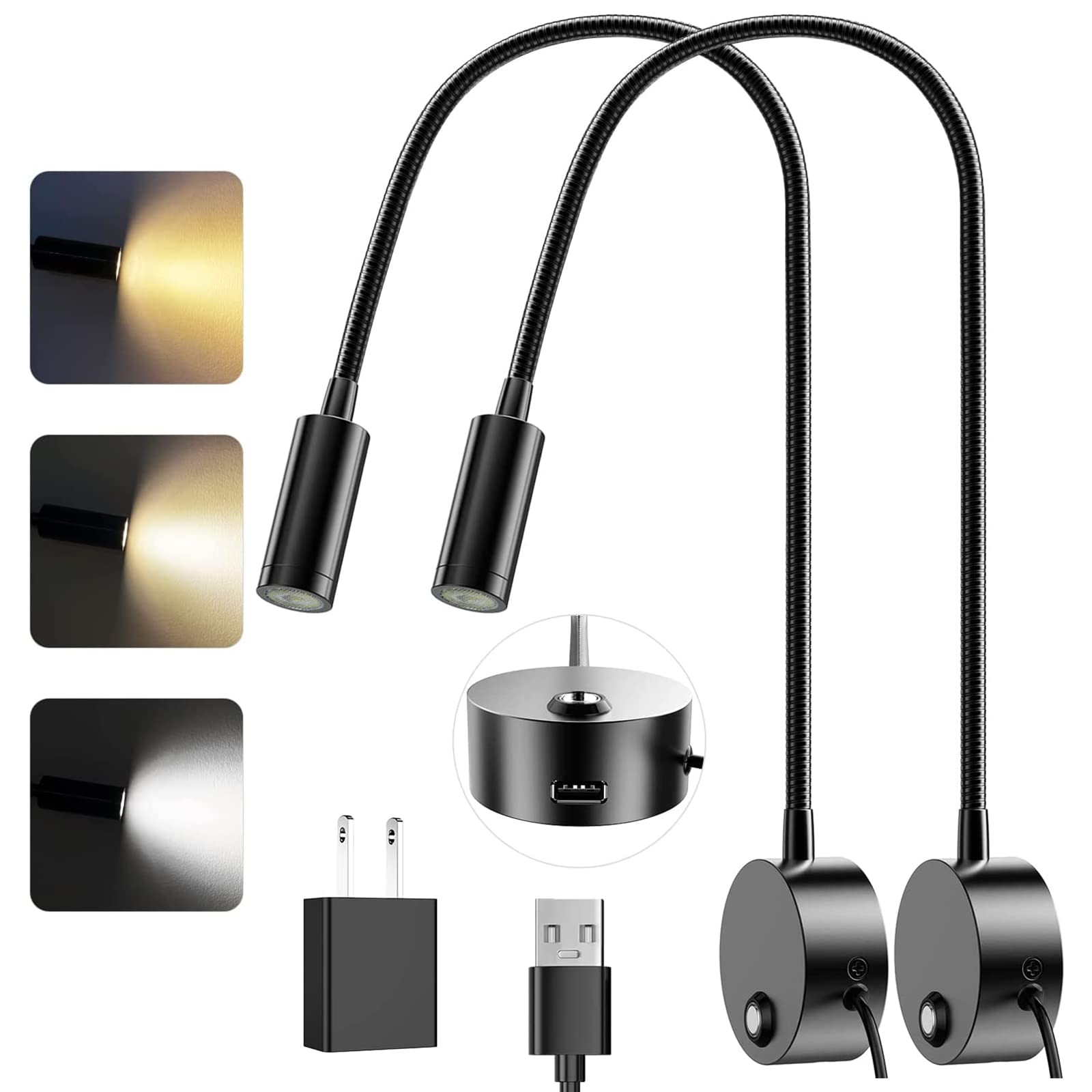 ERAY Wall Mounted LED Reading Light - Dimmable, 15" Flexible Gooseneck, USB Charging, 2-Pack, Touch Control, 3 Color Temperatures