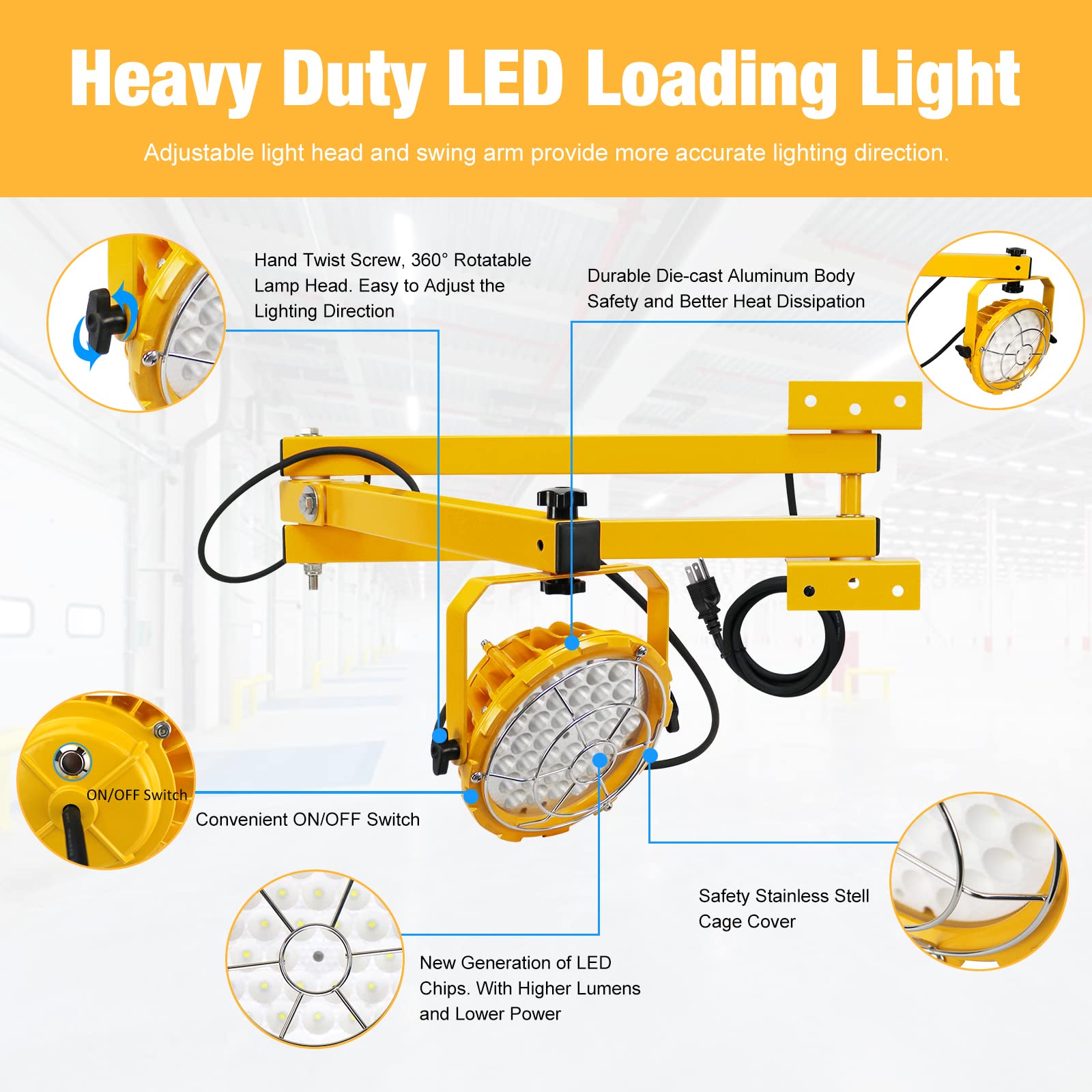 G Gjia 60W 6600Lm Led Loading Dock Lights With 40'' Swing Folding Double Arm, Ac100-277V, 360 Rotatable Led Lamp Head, Etl Liste