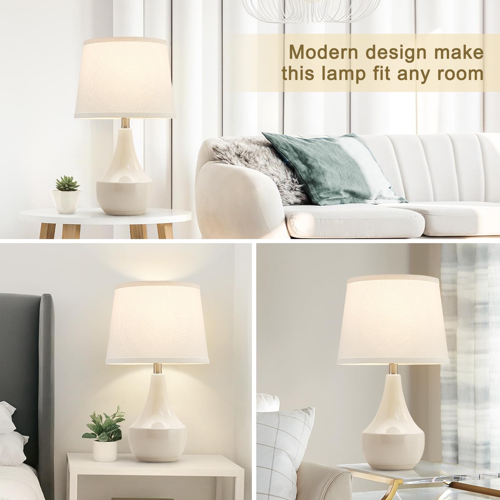 GyroVu Ceramic Table Lamp Set of 2, 18.63” Modern Nightstand Lamps in Cream with White Lampshade, LED Bulbs Included