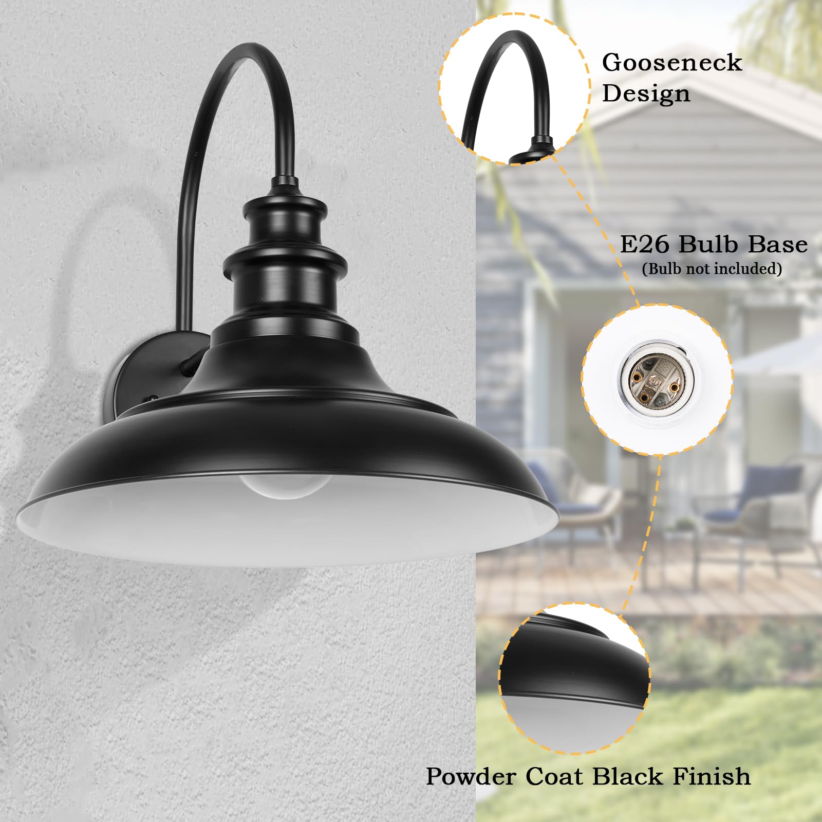Dusk To Dawn Sensor Outdoor Barn Light Fixture, 12.3 Inch Dome Farmhouse Outdoor Wall Sconce, Gooseneck Exterior Wall Mount Ligh