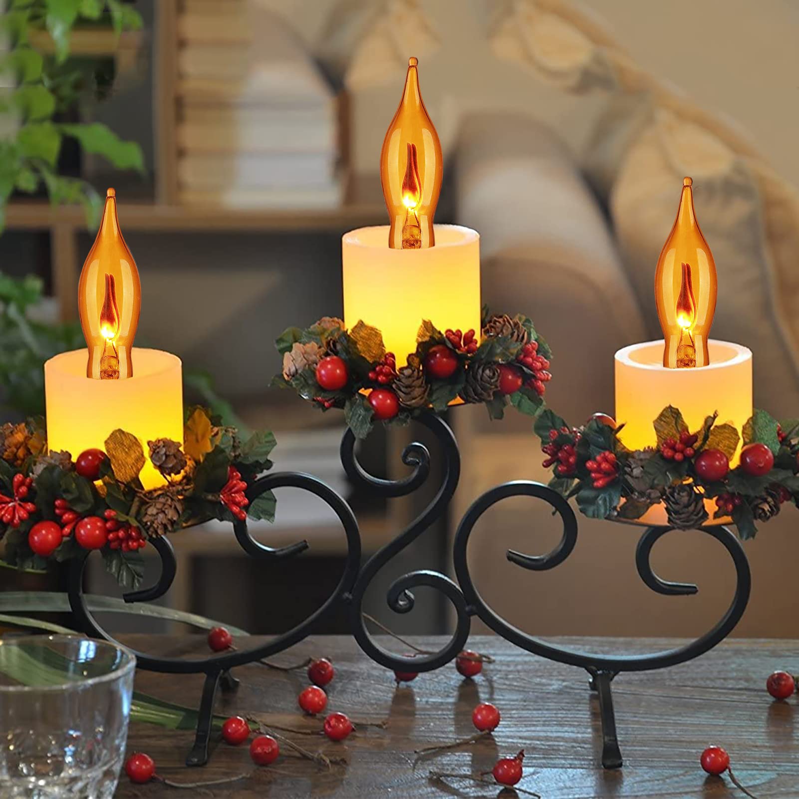 Bokoiuu Candelabra Flicker Flame Light Bulbs, C18 Orange Flame, 120V, 1W, E12 Base, 12 Pack, Glass