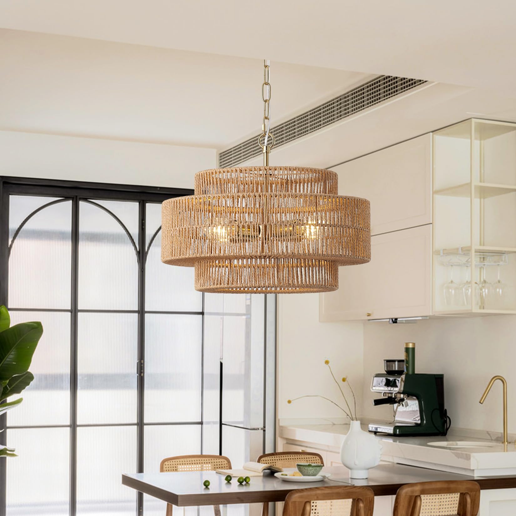 Giutna 17.7''Large Boho Rattan Farmhouse Chandeliers For Dining Room,4-Light Rattan Hand-Woven Rustic Drum Chandelier Pendant Li
