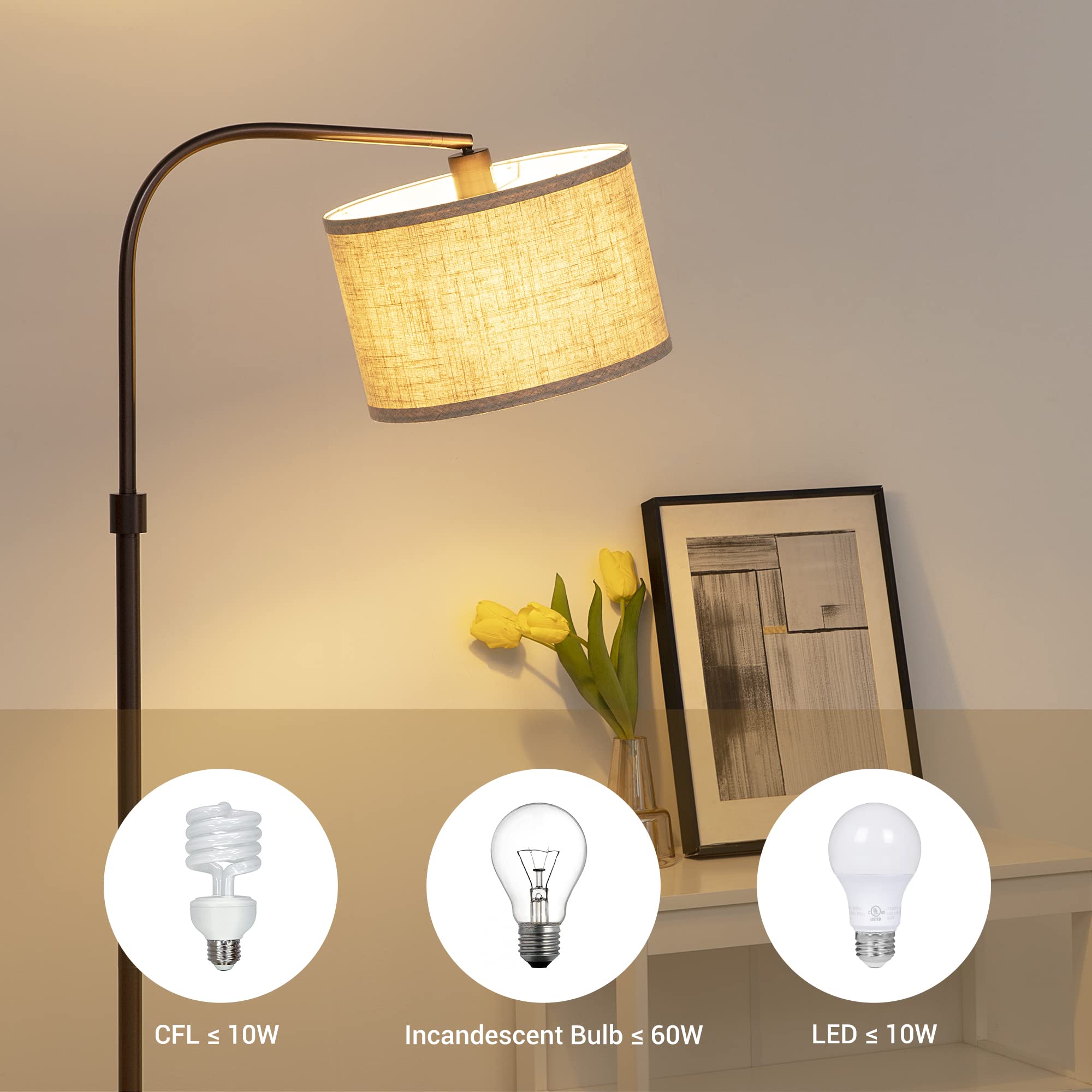 EDISHINE Arched Floor Lamp - Adjustable Linen Shade, Minimalist Design, Bronze Finish, Ideal for Living Room, Bedroom, Office, Model HOFL04G