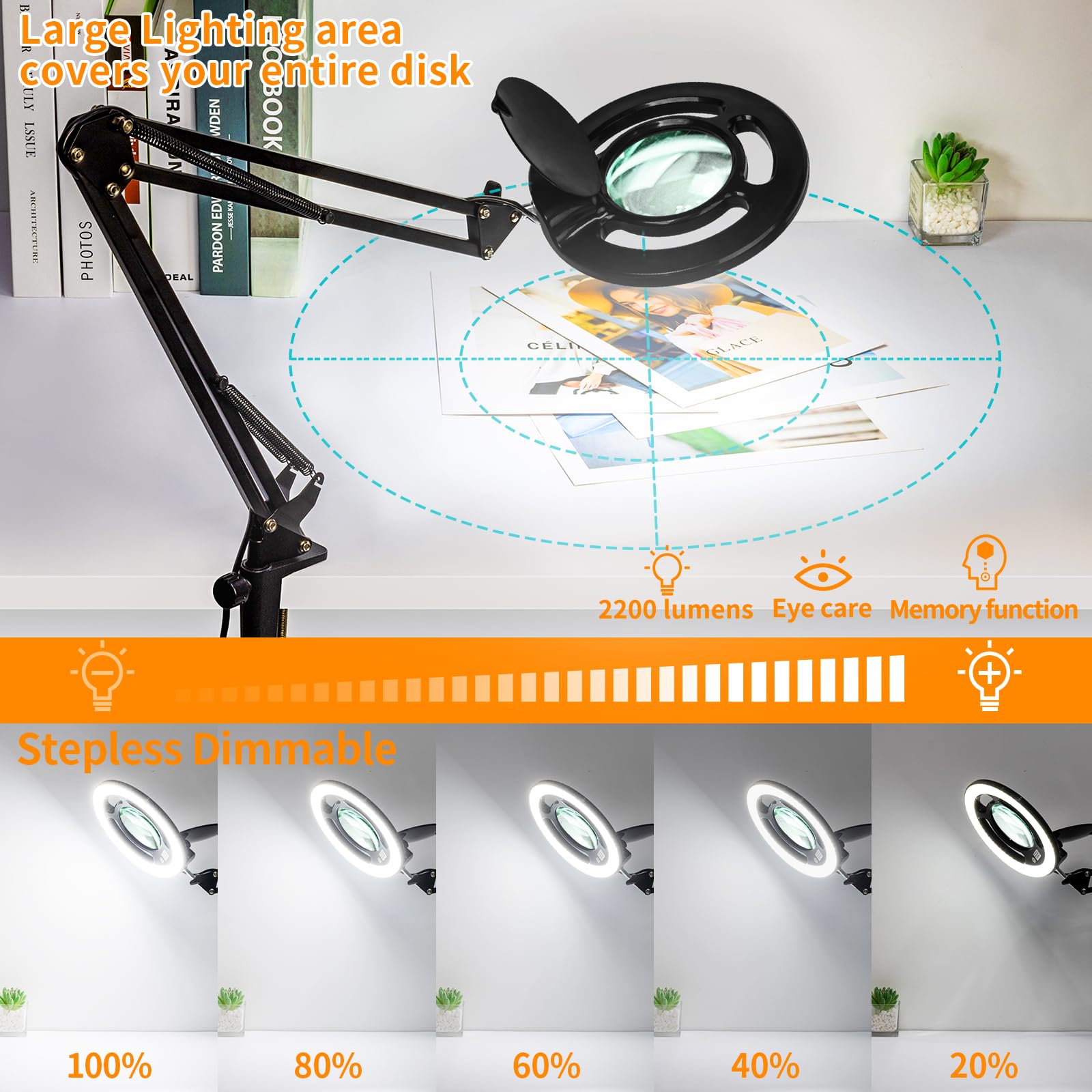 HITTI 10X Long Magnifying Glass with Light, Dimmable LED, Adjustable Arm, Black, Model 208-Black-10x