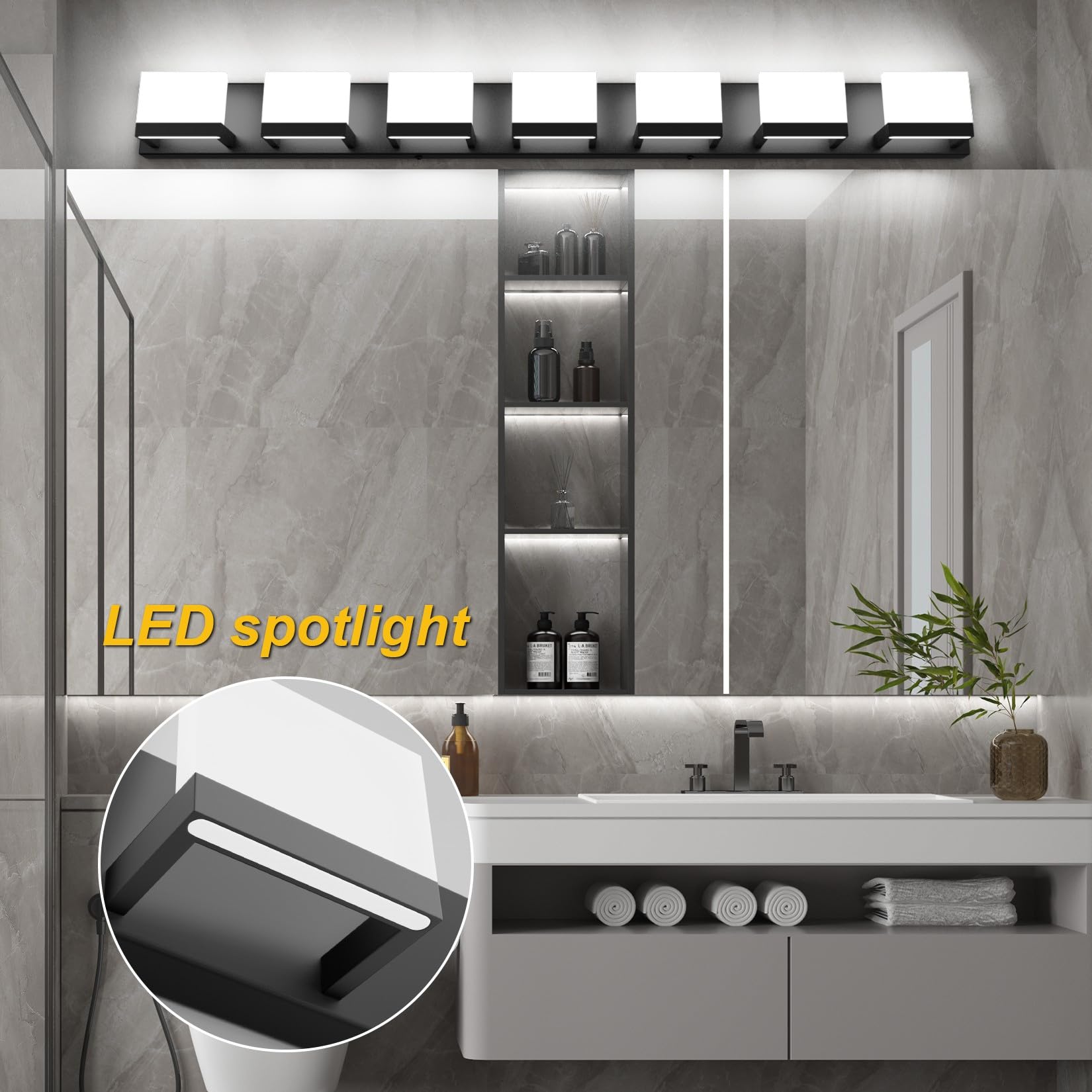 Tipace LED Bathroom Vanity Light Fixtures, 7 Lights, Matte Black, Model GW-1103, Non-Dimmable, Up and Down Lighting for Mirror
