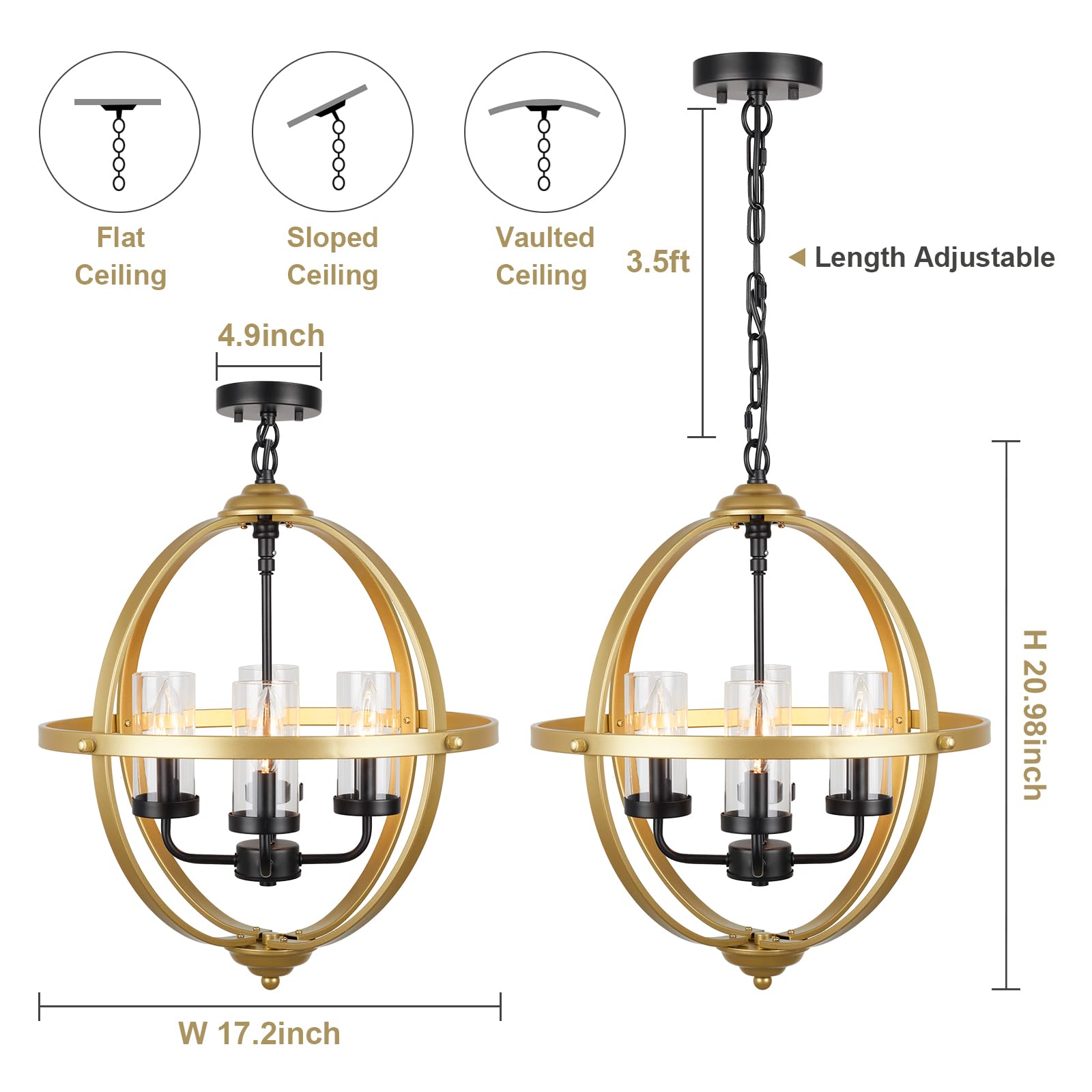 Treekee 4-Light Globe Orb Chandelier, Adjustable Modern Pendant Light, 17in  Iron, Gold