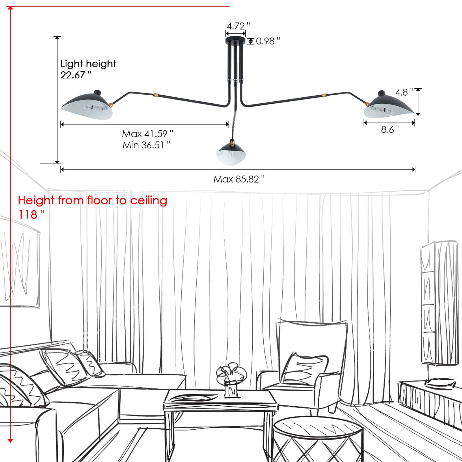 Mhytogn 85'' Mid-Century Chandelier, Matt Black Finish With Adjustable 3-Arms Large Pendant Lighting Fixture For Dining Room Liv