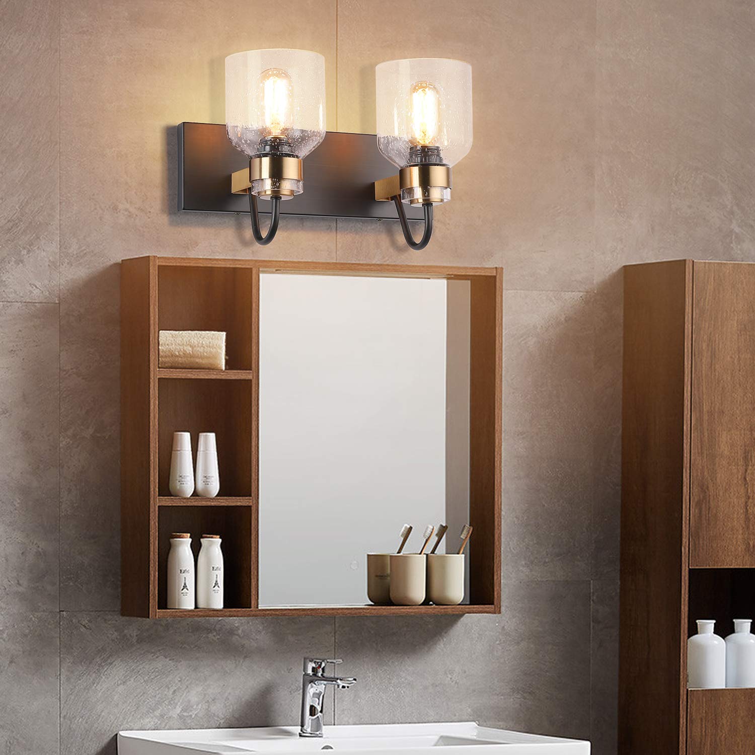PRESDE 2-Light Bathroom Vanity Fixture - Black & Gold Farmhouse Sconce, Oil Rubbed Bronze, Model HU-XI-201