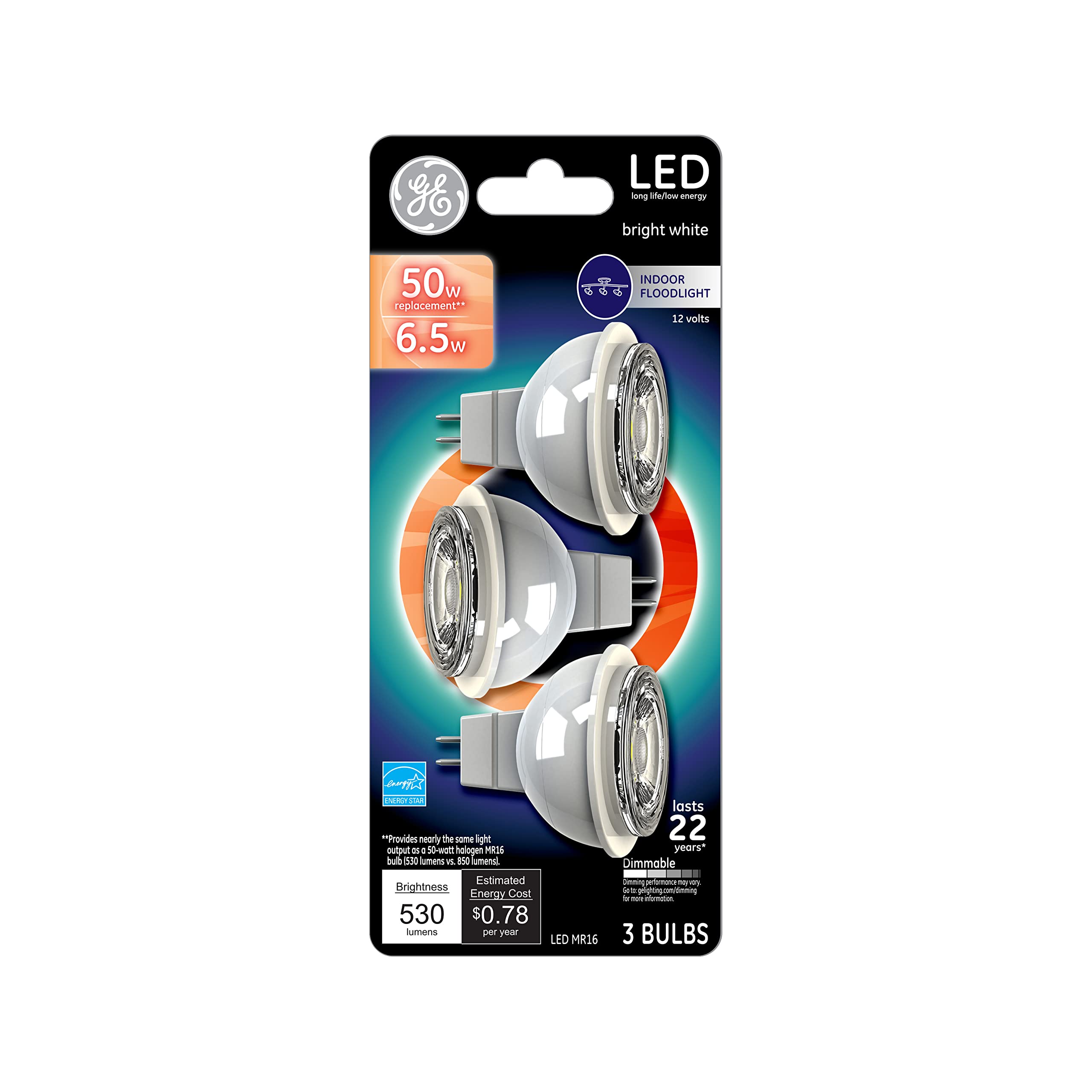 Ge Lighting Mr16 Indoor Floodlight Led Light Bulb, Gu5.3 Base, 50-Watt Replacement, Warm White (3-Pack)
