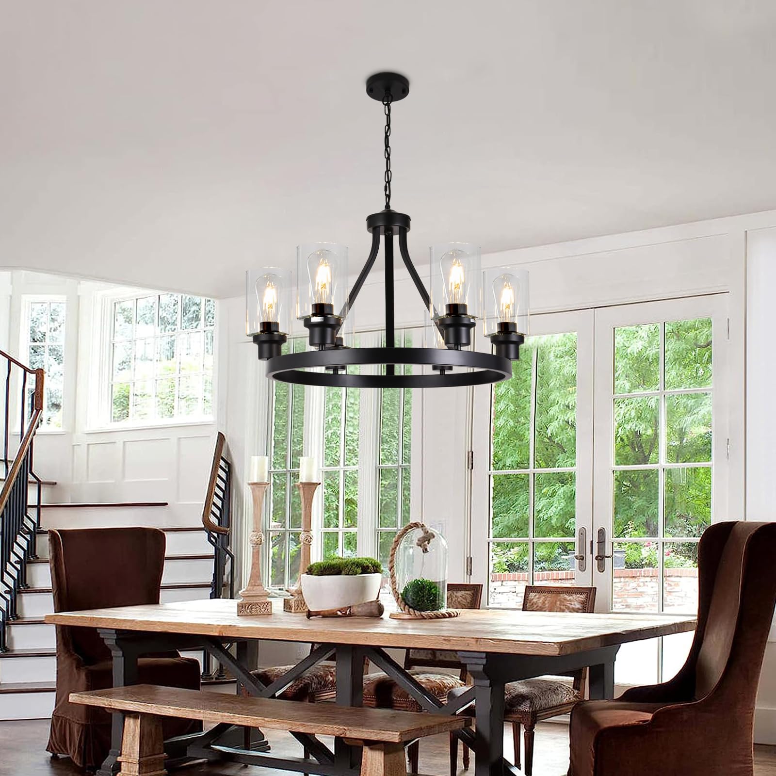Hccz 6-Light Farmhouse Chandelier Wagon Wheel Pendant Light Fixtures For Dining Room Living Room Island Kitchen Foyer Bedroom, M