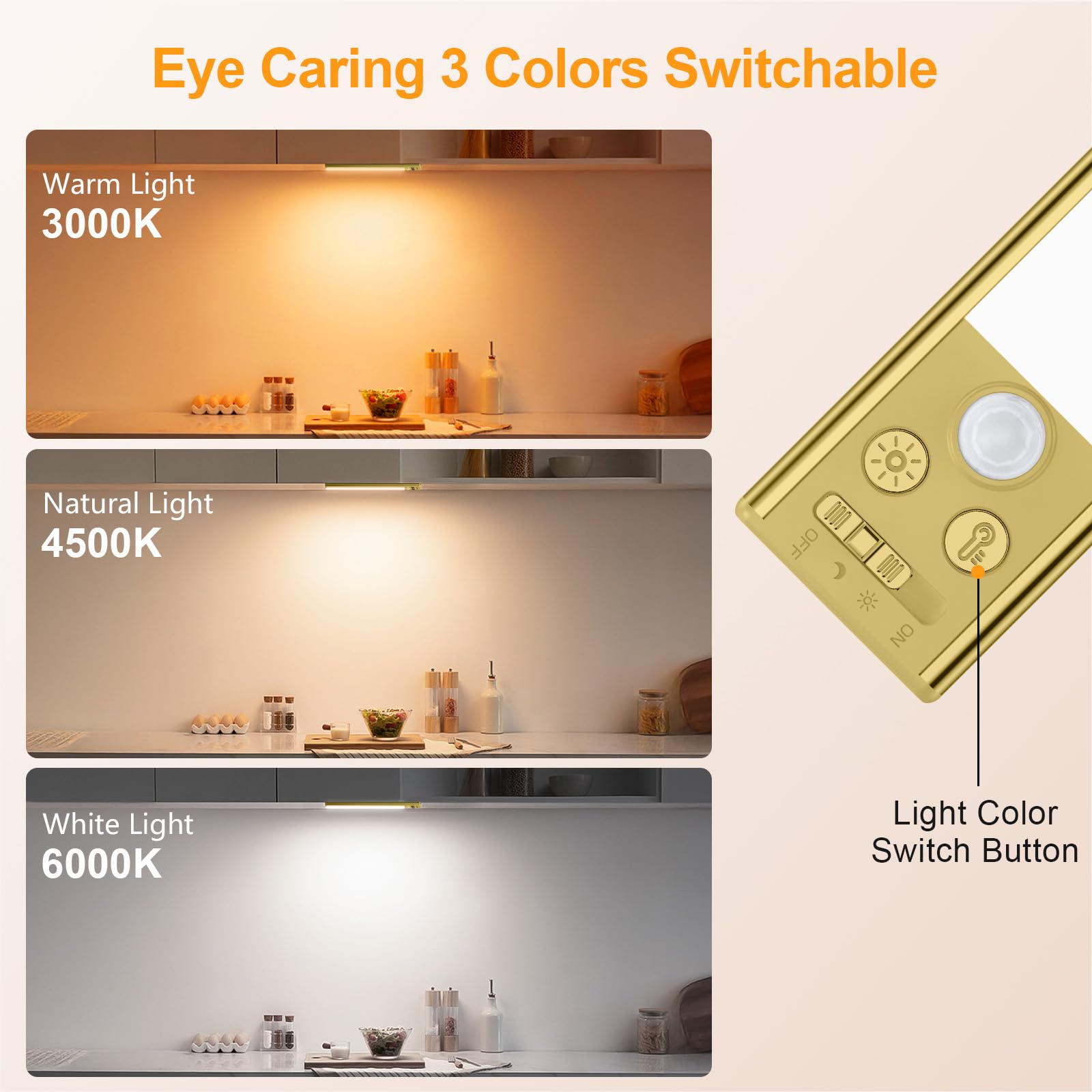 Gritin 10.2Inch Under Cabinet Lighting Rechargeable -84 Led Super Bright 3-Color& 5 Level Brightness 4 Modes Motion Sensor  Long Lasting- Easy Installation Magnetic Closet Lights -2 Pack-Gold