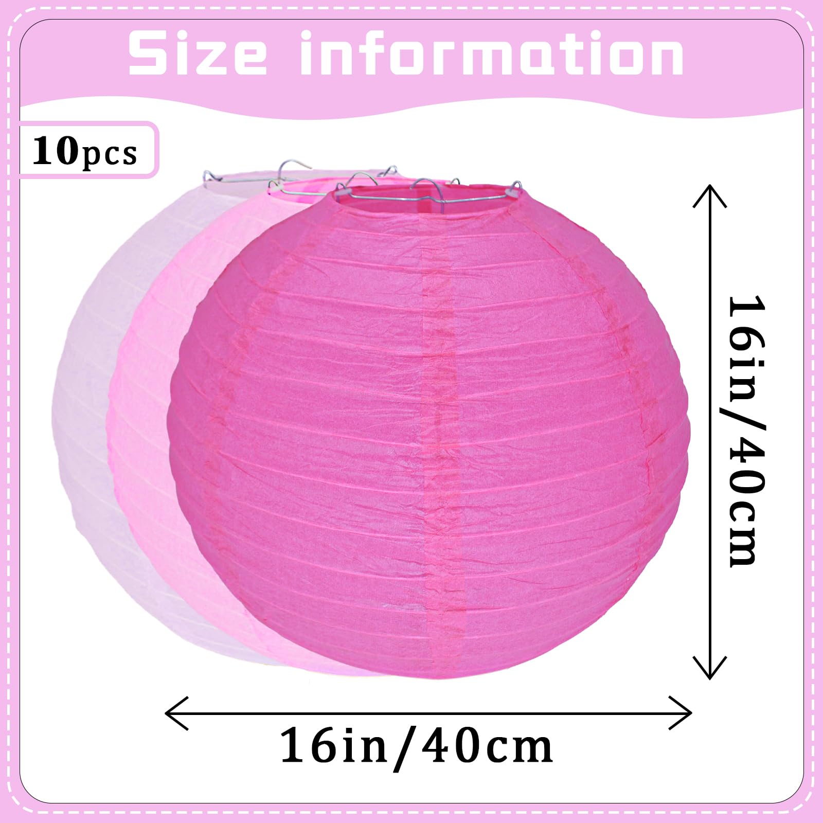 Peywot 10Pcs Paper Lanterns for Home Decor, Weddings, Parties, 16 Inch, Pink Series, Model DL-16in-Par