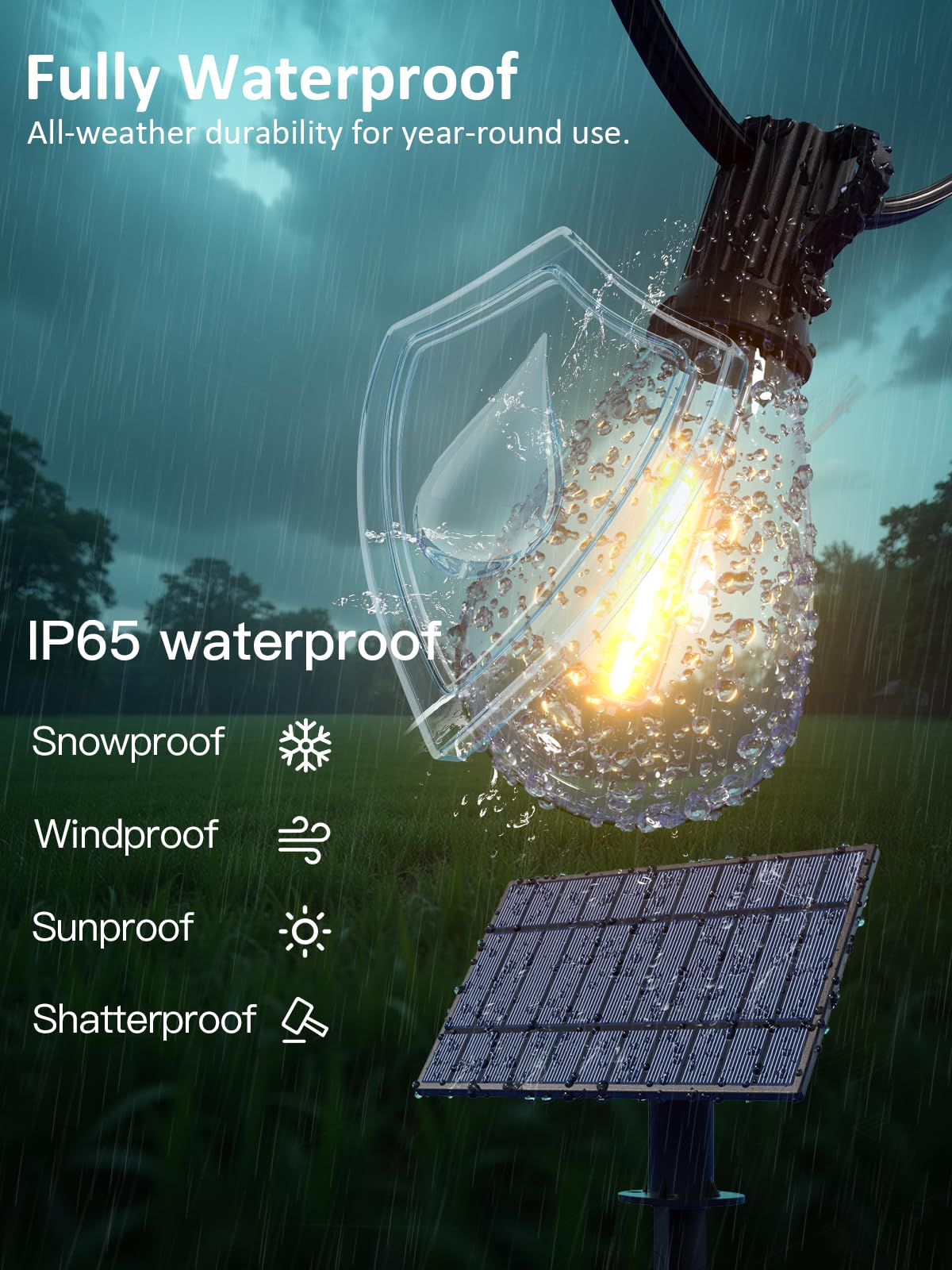 luckystyle Solar String Lights 50FT Waterproof 18+1 LED Bulbs Commercial Grade Black LK-S11-050