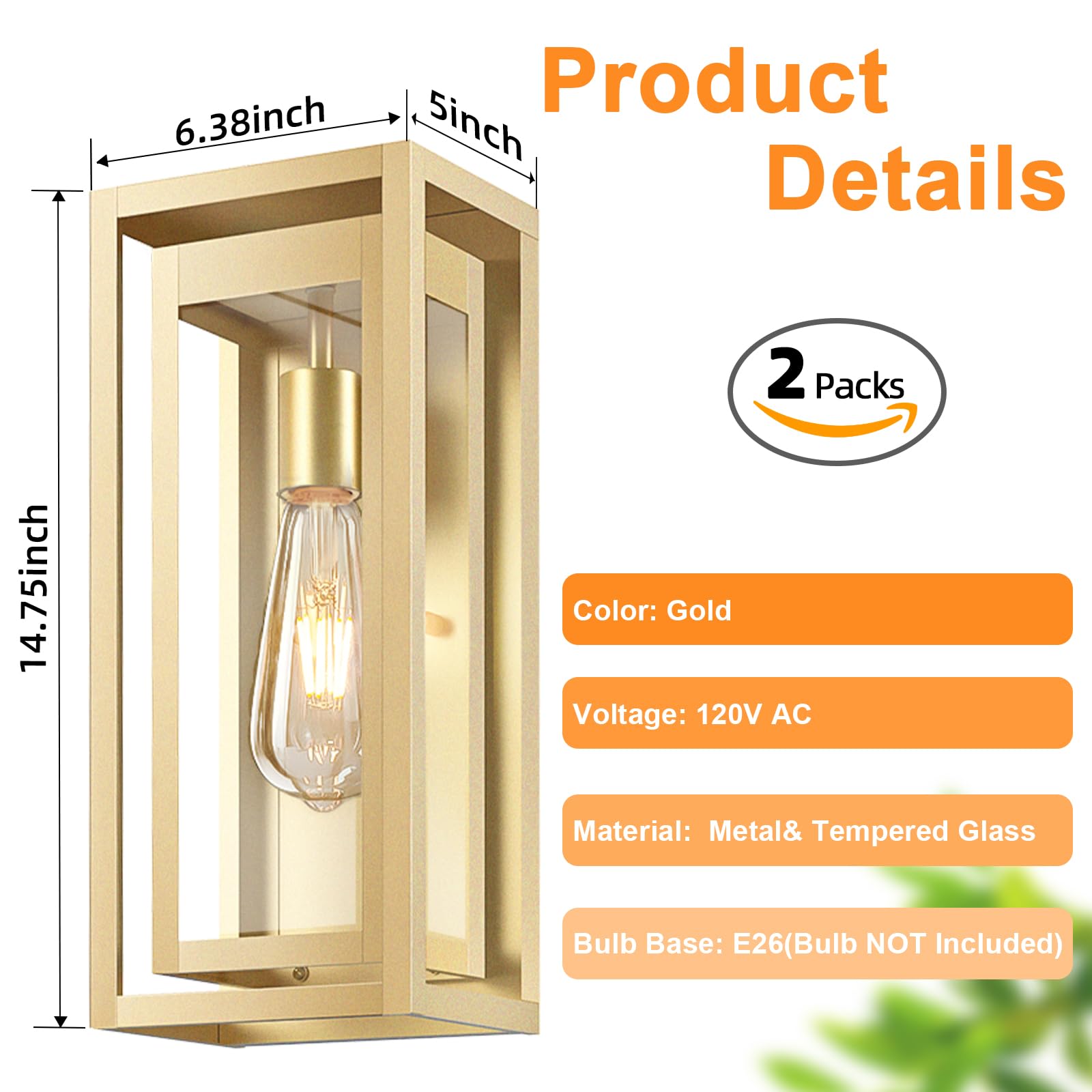 Slypadan 15'' Large Gold Outdoor Light Fixture Wall Mount, 2 Pack Waterproof Outdoor Sconces, Modern Wall Lights With Clear Glas