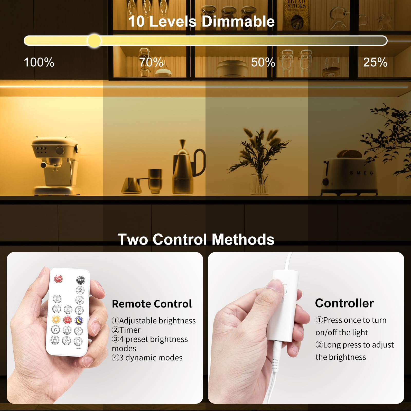 Wobane Cob Led Strip Light Kit,9.8Ft Dimmable Led Light Strip With Rf Remote For Kitchen Cabinet,Counter,Shelf,Tv Back,3000K Warm White,Cri90+,Surper Bright,1500Lm,Timing,960 Leds,Etl Adapter