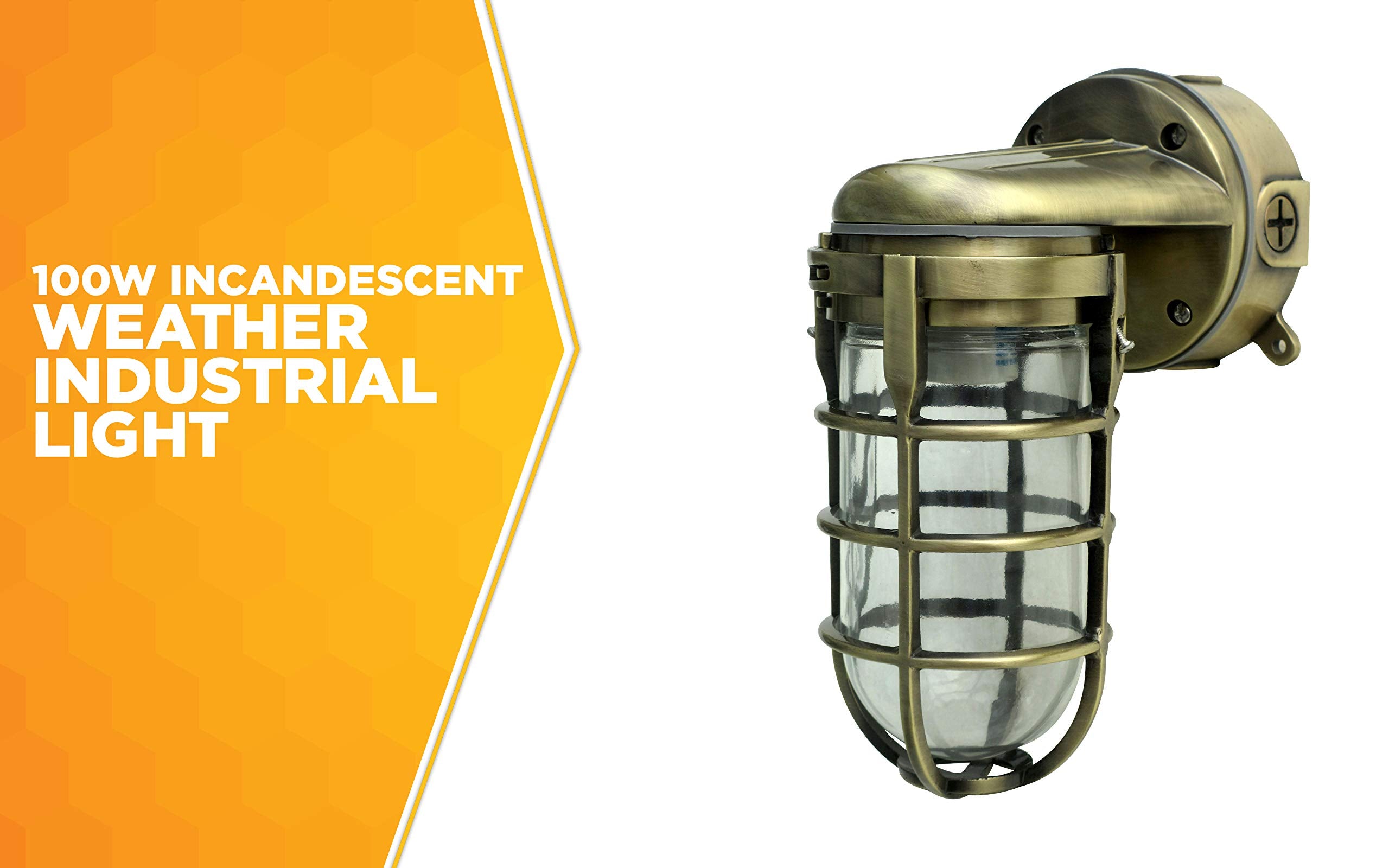Woods L1707SVAB Industrial 100W Wall Mount Light, Antique Brass, Metal Die Cast, Tempered Glass, Indoor/Outdoor Use, One Size