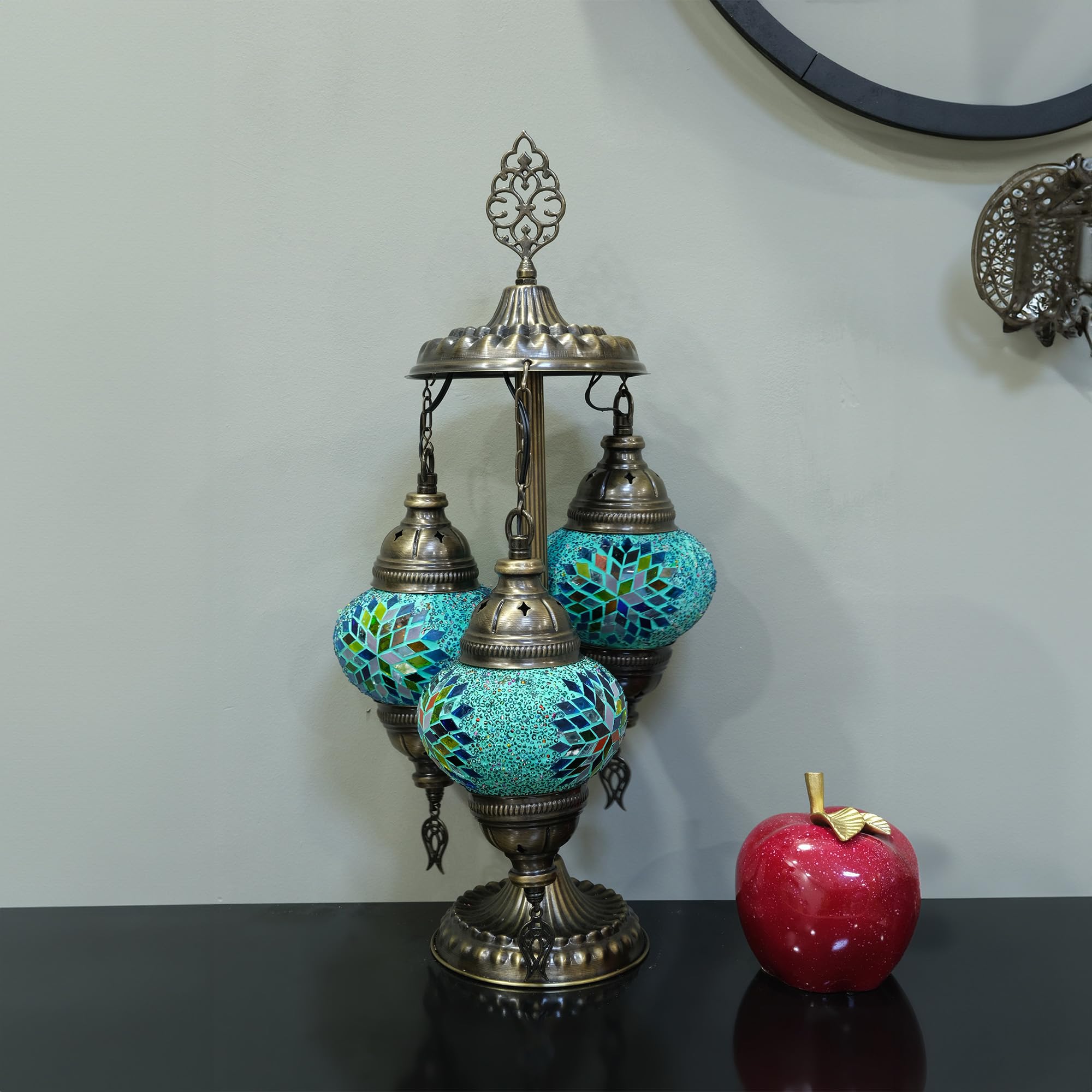Asylove Turkish Mosaic Table Lamp, 3 Globe Lighting, 12inx12inx24in, Turquoise Mix, Model 3GlobeAPNo2