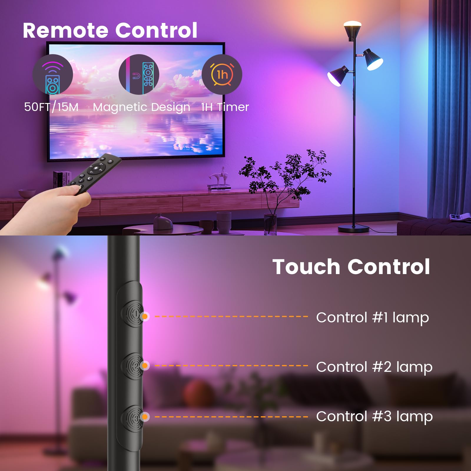 SIBRILLE RGB Floor Lamp, 36W LED Dimmable, Remote Control, Black, Model LB-8058