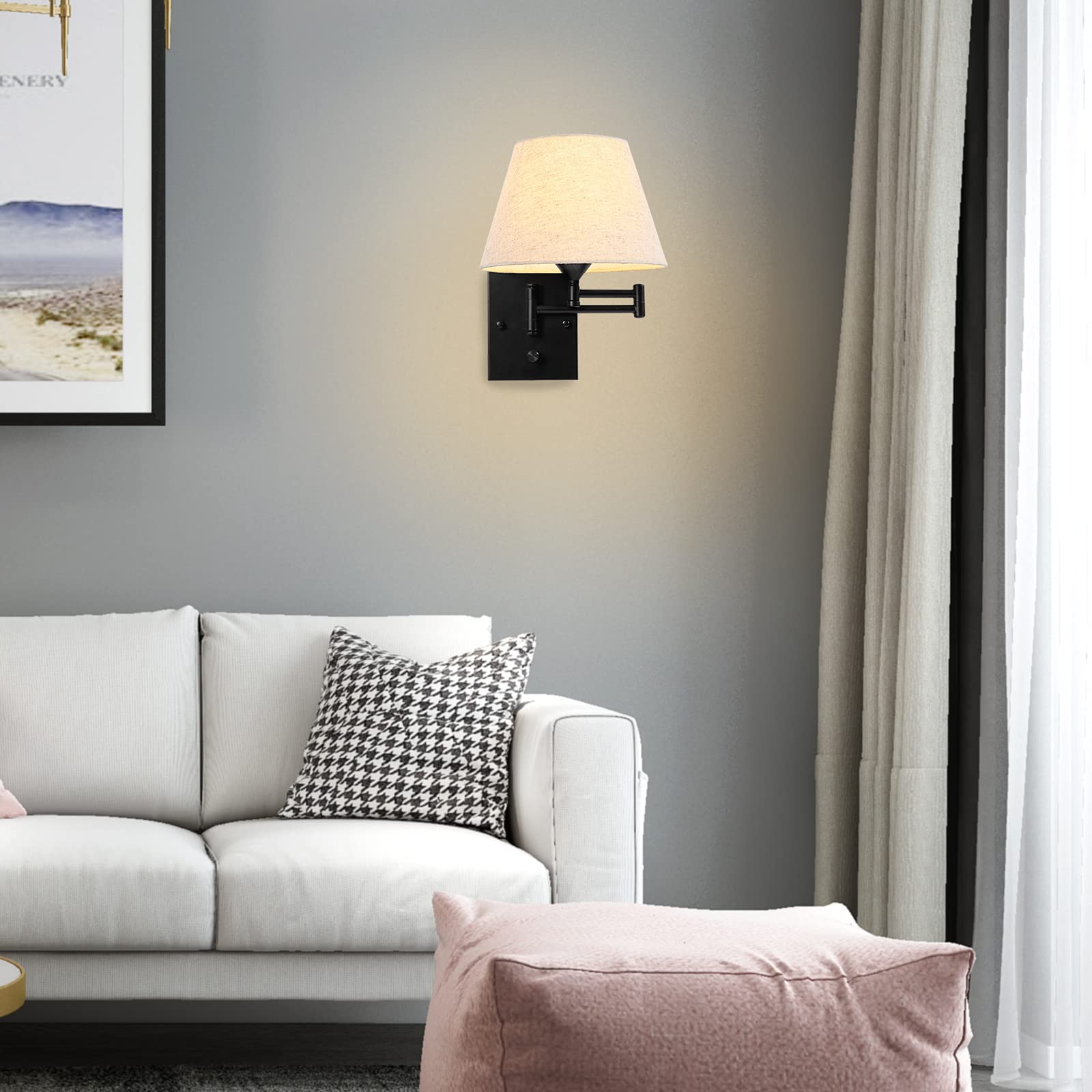 Pauwer Plug in Wall Sconce Set of 2, Swing Arm Lamp, Metal Fixture with Fabric Shade, Beige, Model Pauwer-WS2-PlugIn