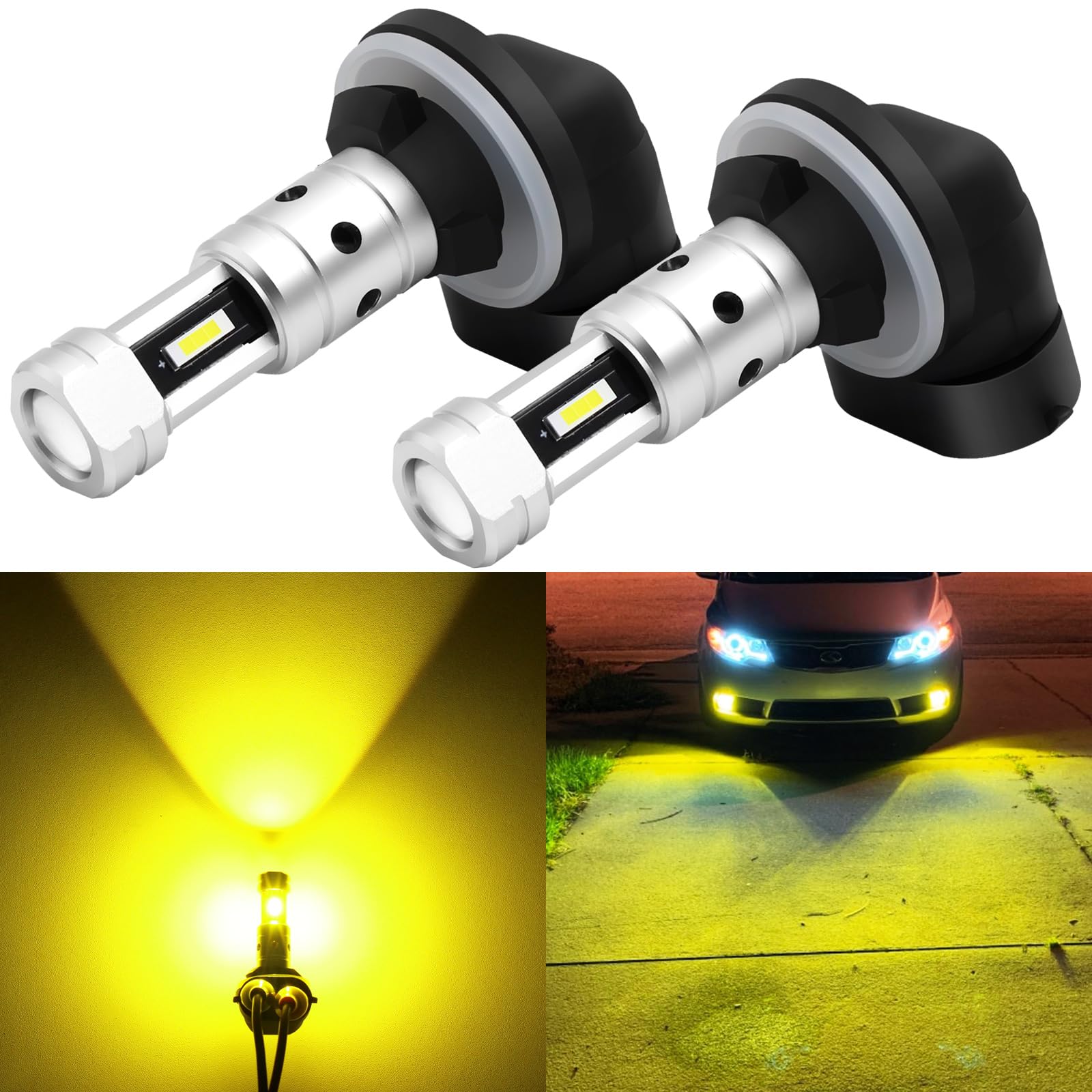 PHINLION 881 LED Fog Light Bulbs 3800 Lumens 3000K Amber Yellow, Pack of 2, Non-Polarity, Aluminum