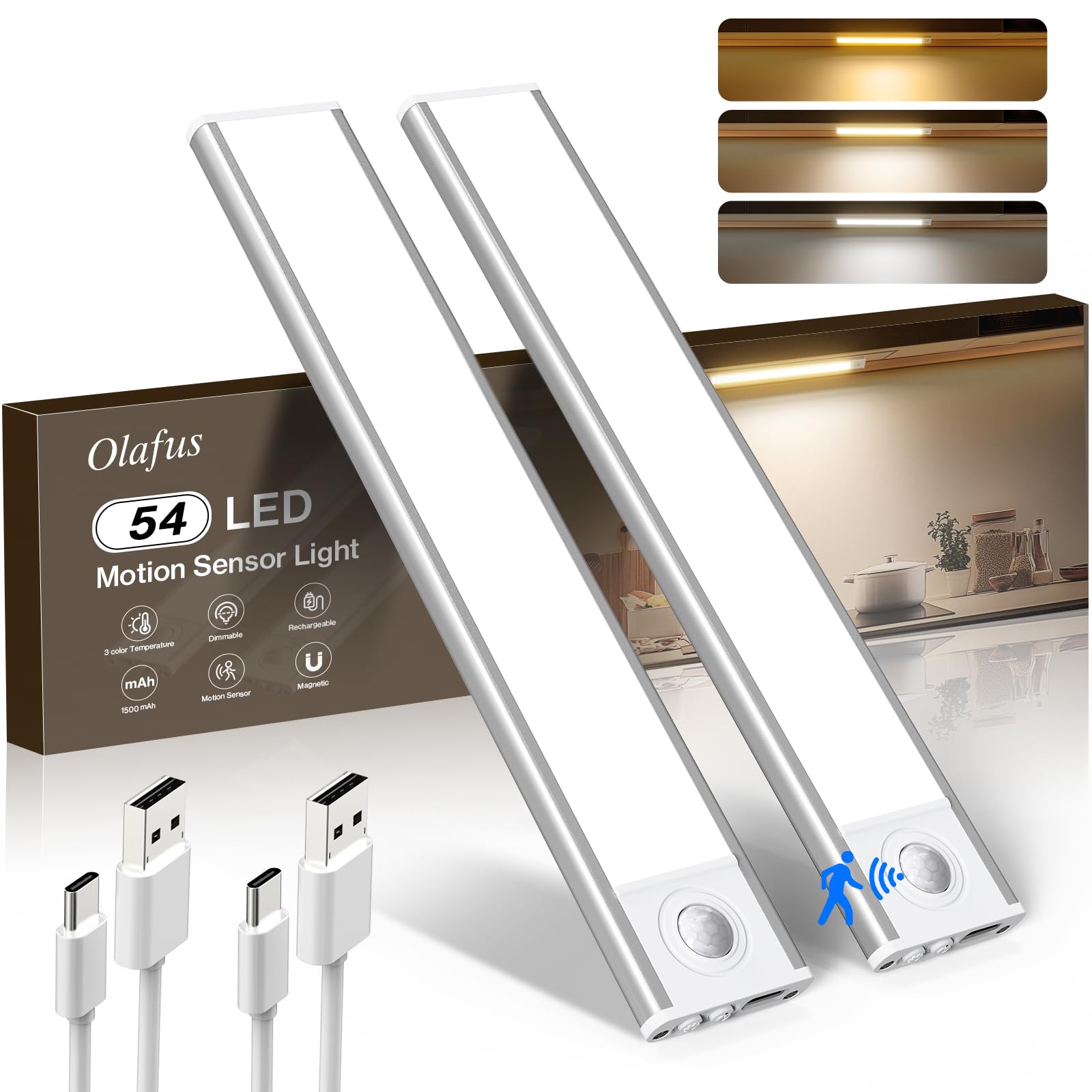 Olafus Under Cabinet Lighting, Motion Sensor 54 LED Under Cabinet Lights, 1500mAh USB Rechargeable Battery Operated Closet Light