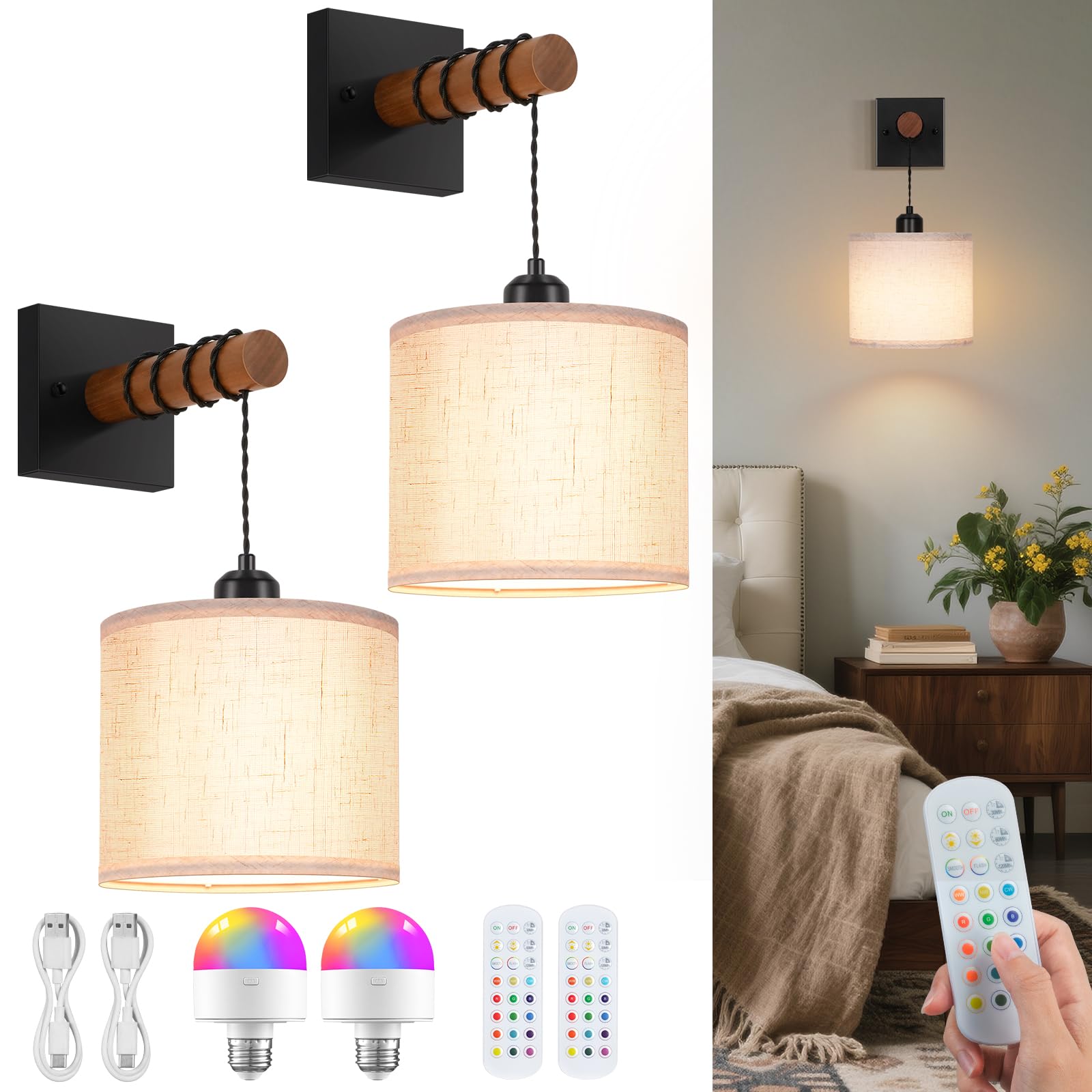 NookNova Battery Operated Wall Sconces Set of 2, 8000mAh Rechargeable Sconce RGB 15 Colors Dimmable Wall Sconce Wireless Battery
