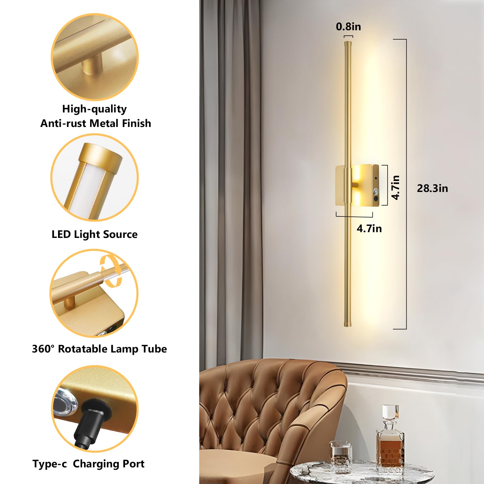 JEAYYDSI Battery Operated Wall Sconces, Dimmable LED Light, Remote Control, USB Rechargeable, Gold, Model GG-Lighting M
