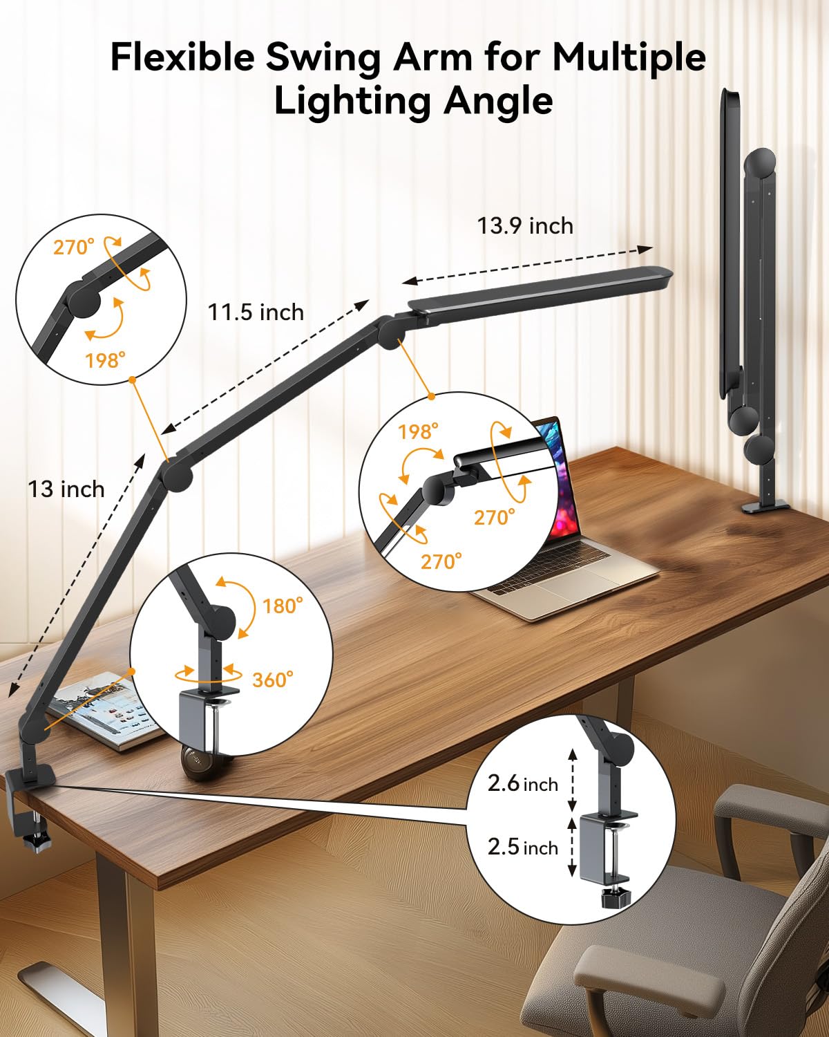 Led Desk Lamp With Clamp, Architect Desk Lamp With Dual Led Light, Flexible 3 Sections Swing Arm Desk Light, Stepless Dimming Re