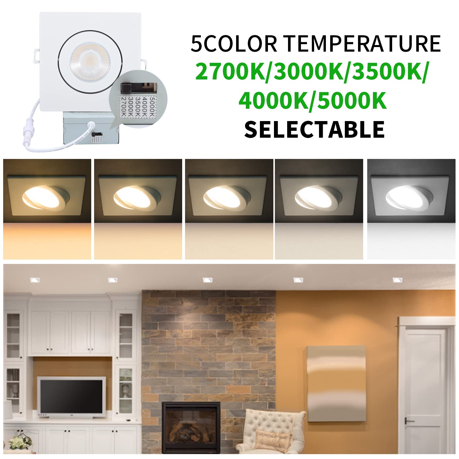 Knlnny Ware Square Recessed Lighting 4 Inch (6 Pack),Eyeball Gimbal Recessed Lights,Wet Rated, Canless Recessed Light,5Cct Selec