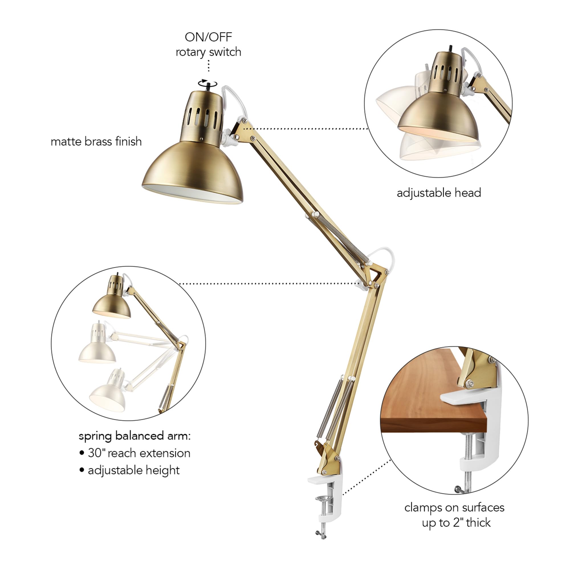 GLOBE Electric 62000010 32" Multi-Joint Desk Lamp, Matte Brass & White Accents, Adjustable Swing Arm, On/Off Rotary Switch, Home & Office