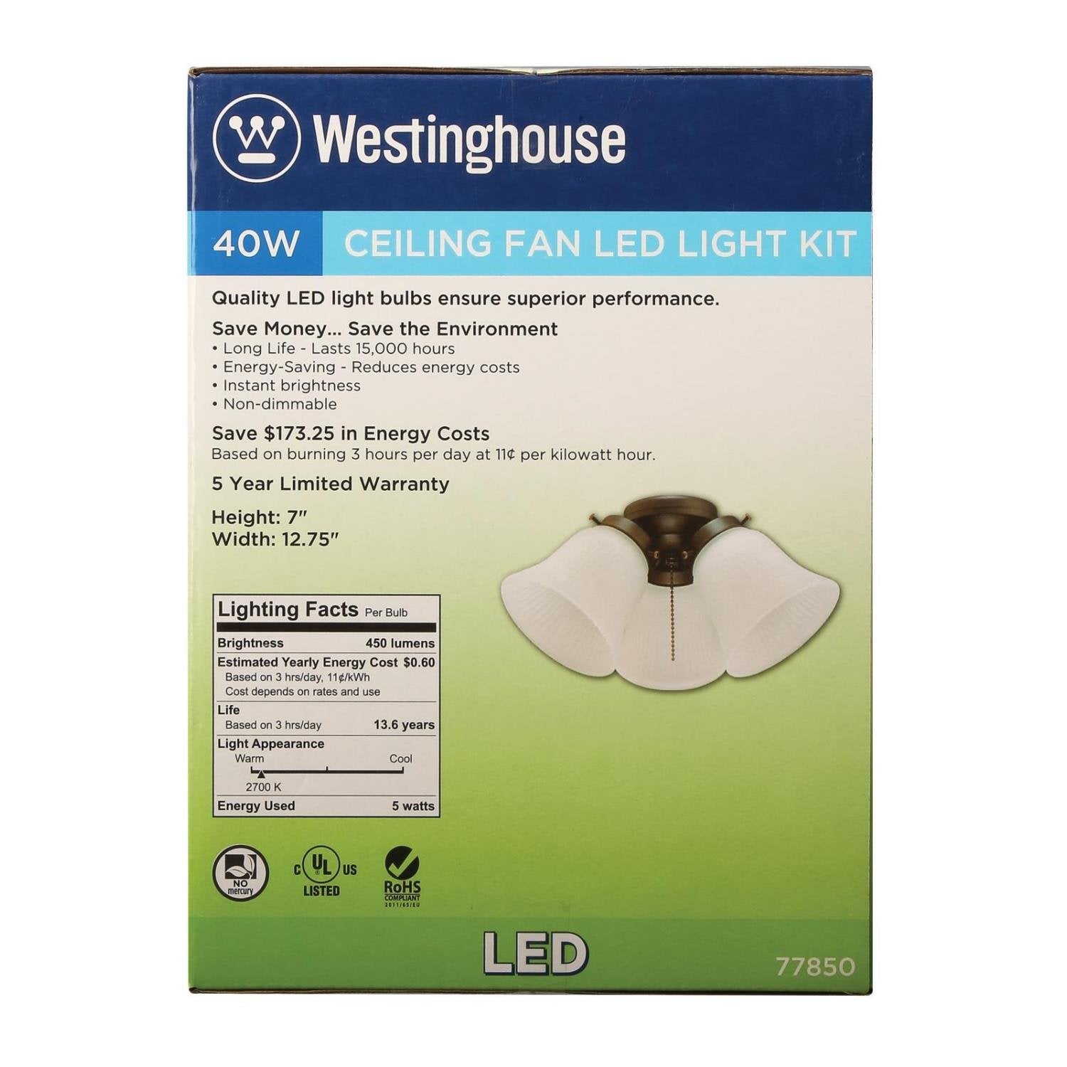 Westinghouse 7785000 Three-Light Led Cluster Ceiling Fan Light Kit, Oil Rubbed Bronze Finish With Frosted Ribbed Glass , White