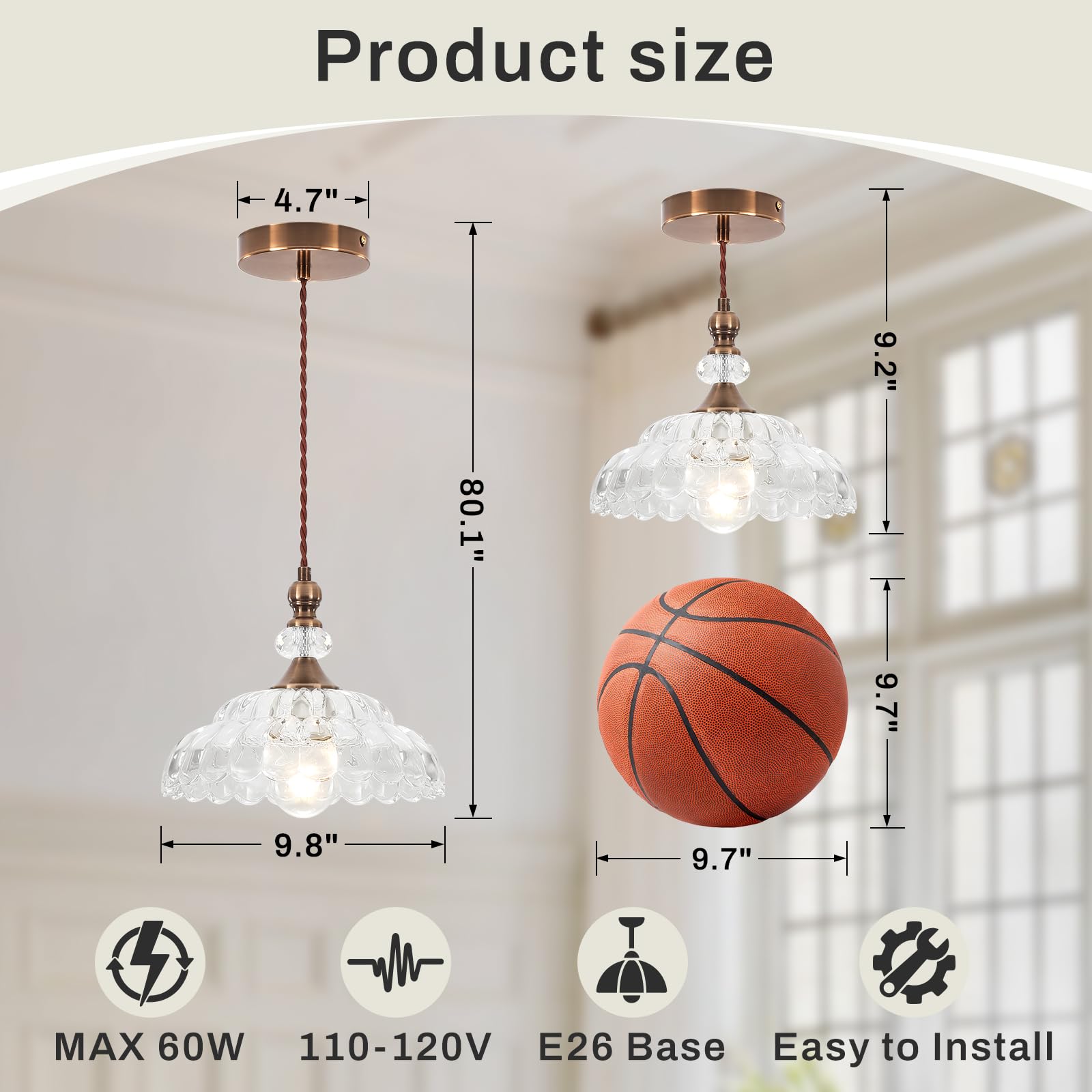 Cwarmozy Vintage Small Pendant Light Fixtures For Kitchen Island 9.8'' Glass Brass Gold Pendant Lights Adjustable Modern Hanging