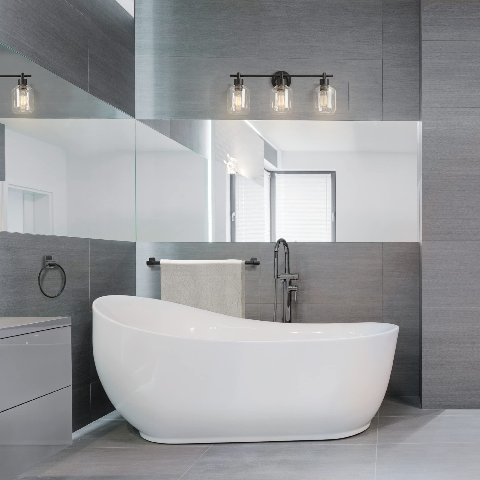 Globe Electric Cannes 5-Piece Bathroom Set, Matte Black, 3-Light Vanity Light, Metal, Model 65556