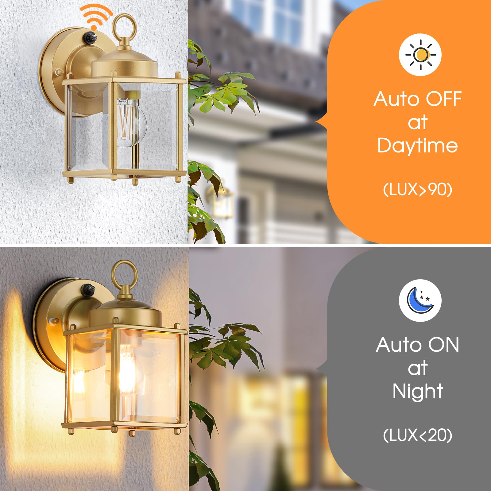 MATAMEYE Outdoor Wall Sconce - Dusk to Dawn Sensor, Waterproof Gold Lanterns, Beveled Glass, 2 Pack, Model GS8648-BK-FS